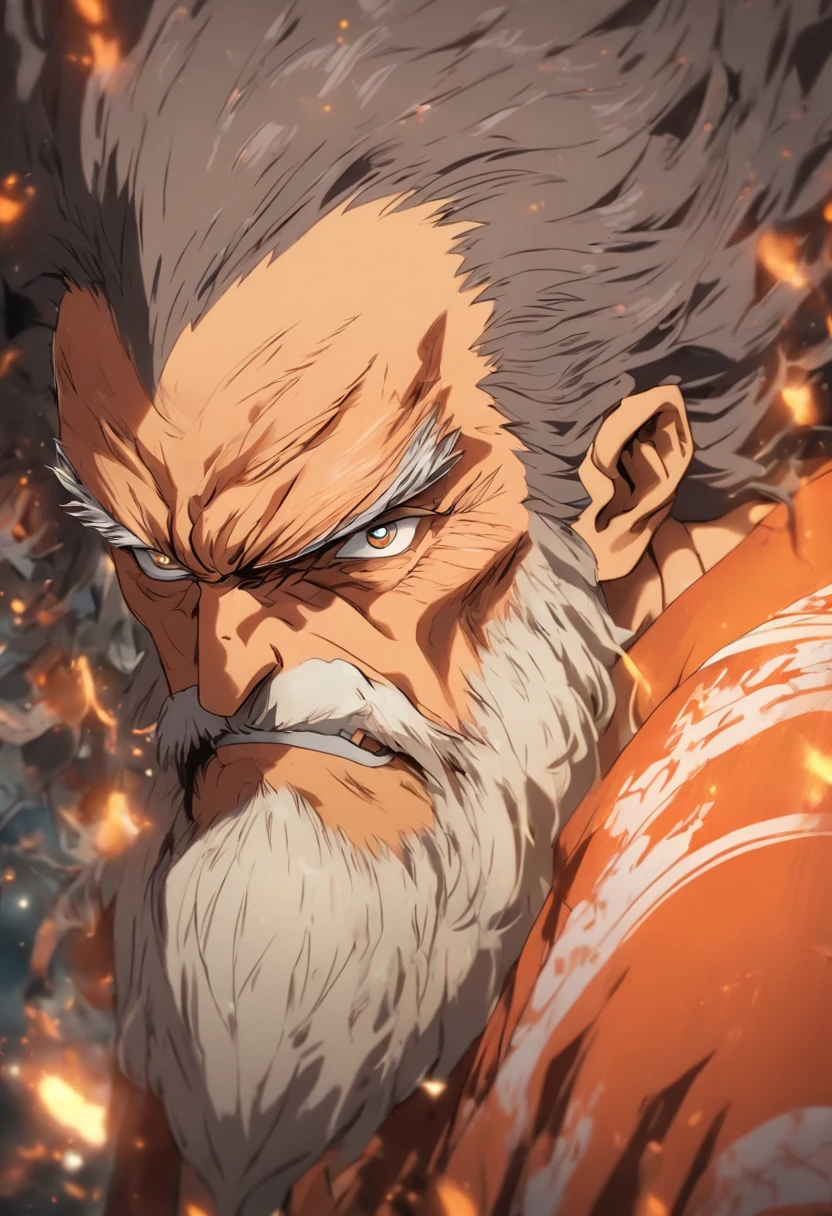 Scary looking old man, amazing hair and beard, black hair with few white strands, lots of wrinkles, tired but scary eyes, big man, orange shirt, black pants, praying