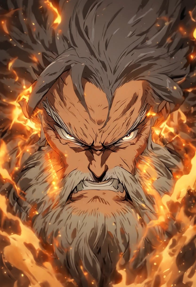 Scary looking old man, amazing hair and beard, black hair with few white strands, lots of wrinkles, tired but scary eyes, big man, orange shirt, black pants, praying