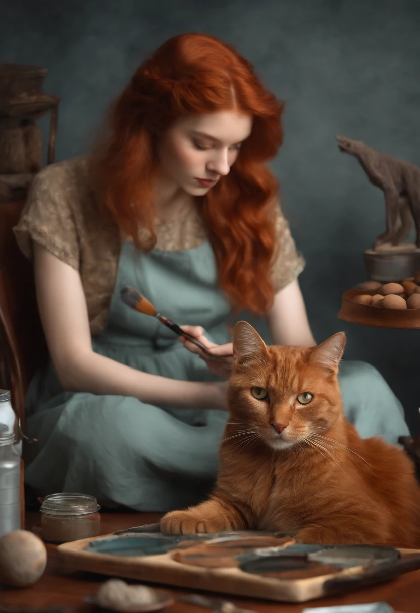 redhead girl painting gray cat with palette on extinct mars