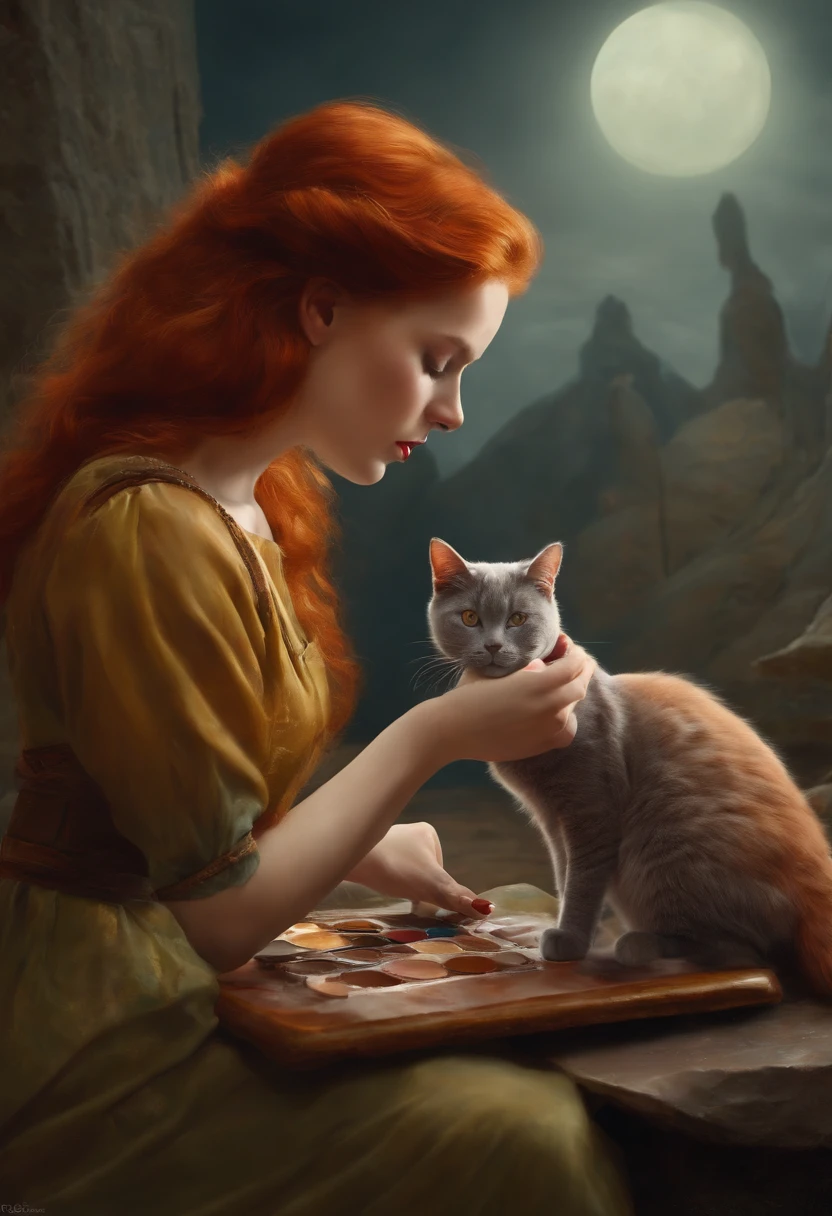 redhead girl painting gray cat with palette on extinct mars