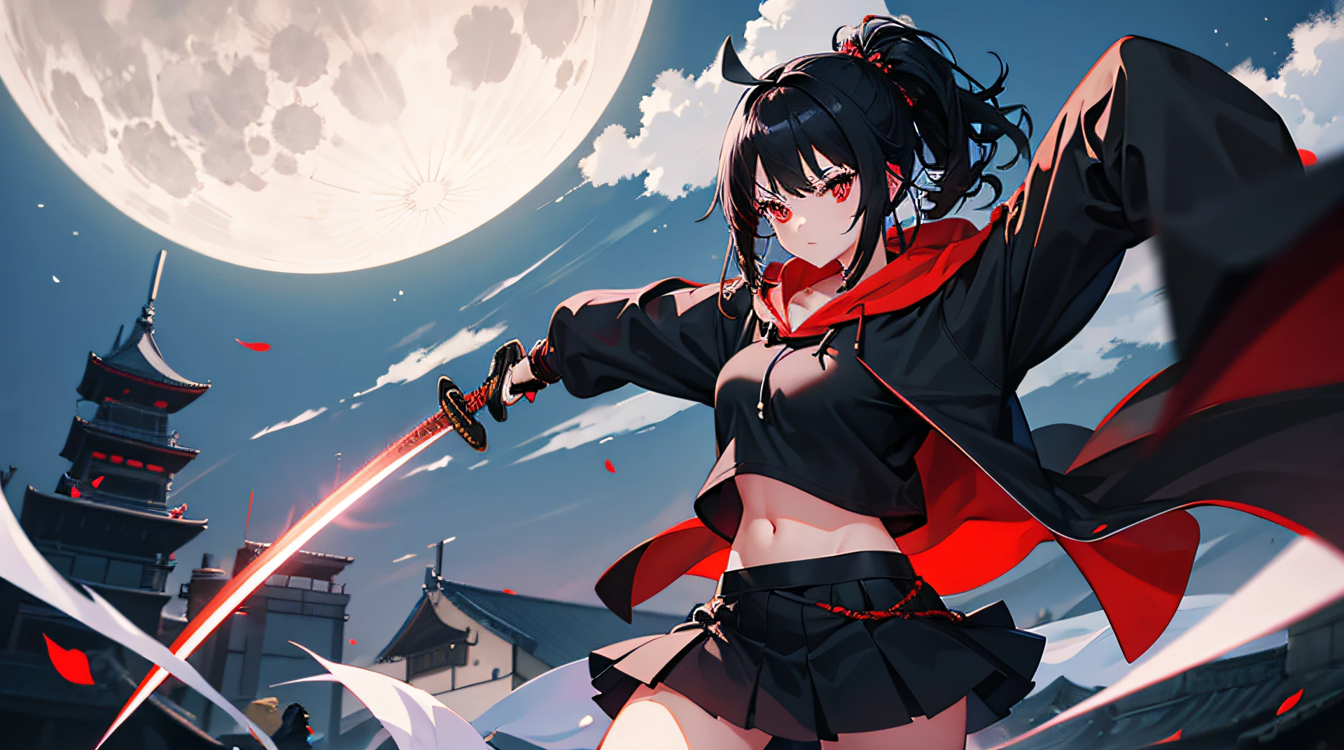 anime girl with red eyes and black hair wearing a black hoodie and short skirt and holding a samurai sword in her waist in the moonlight sky, absurbity