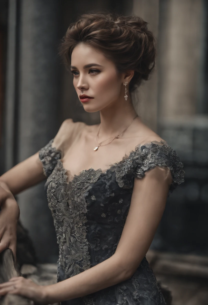 Best quality at best,tmasterpiece,Super beauty,korean people,silber hair,messy hair,curly_Hair,The shirt,Superskirt,Bigchest,JK,Red_bow,Wrist watch,choker necklace,view over city,8K original photos,超高分辨率,highest details,复杂,8K,hdr,Facial contouring