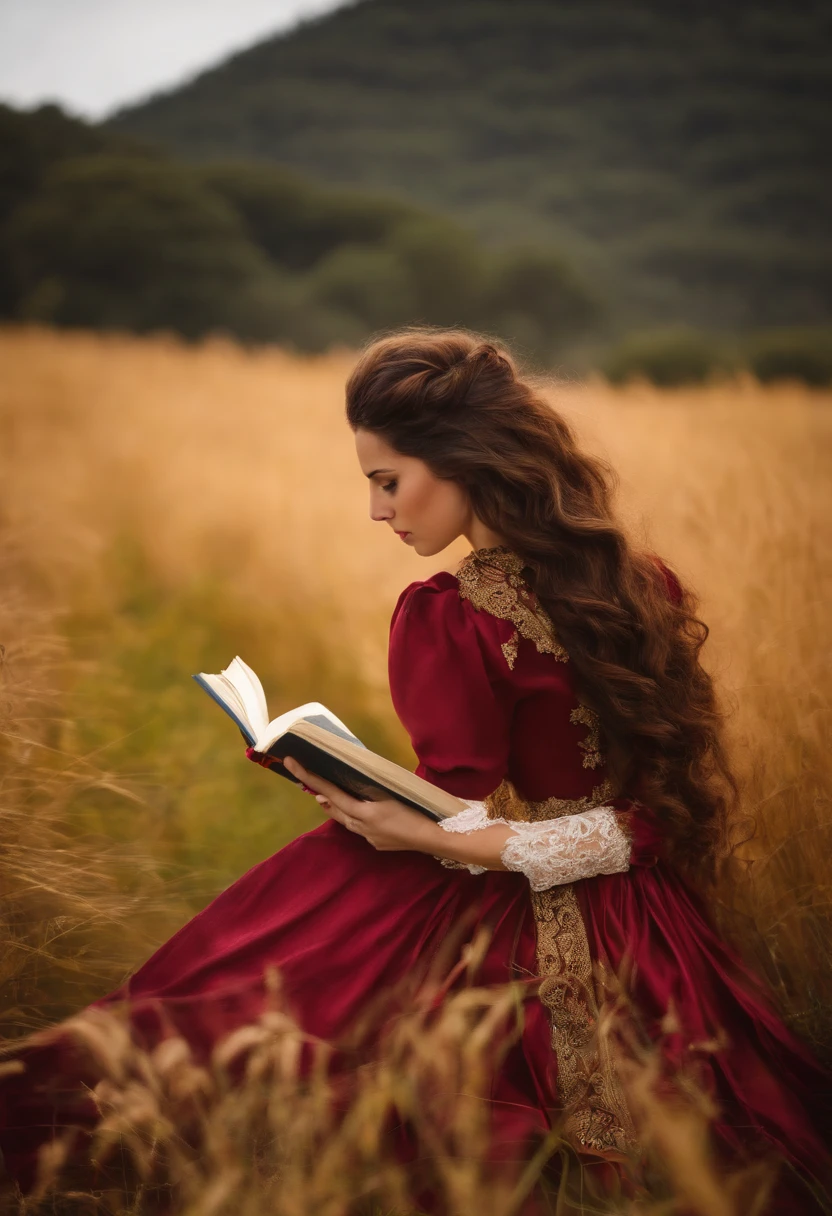 Menina de cabelos ruivos lendo um livro no campo de batalha