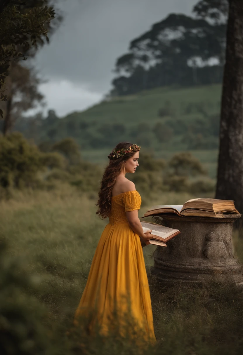 Menina de cabelos ruivos lendo um livro no campo de batalha