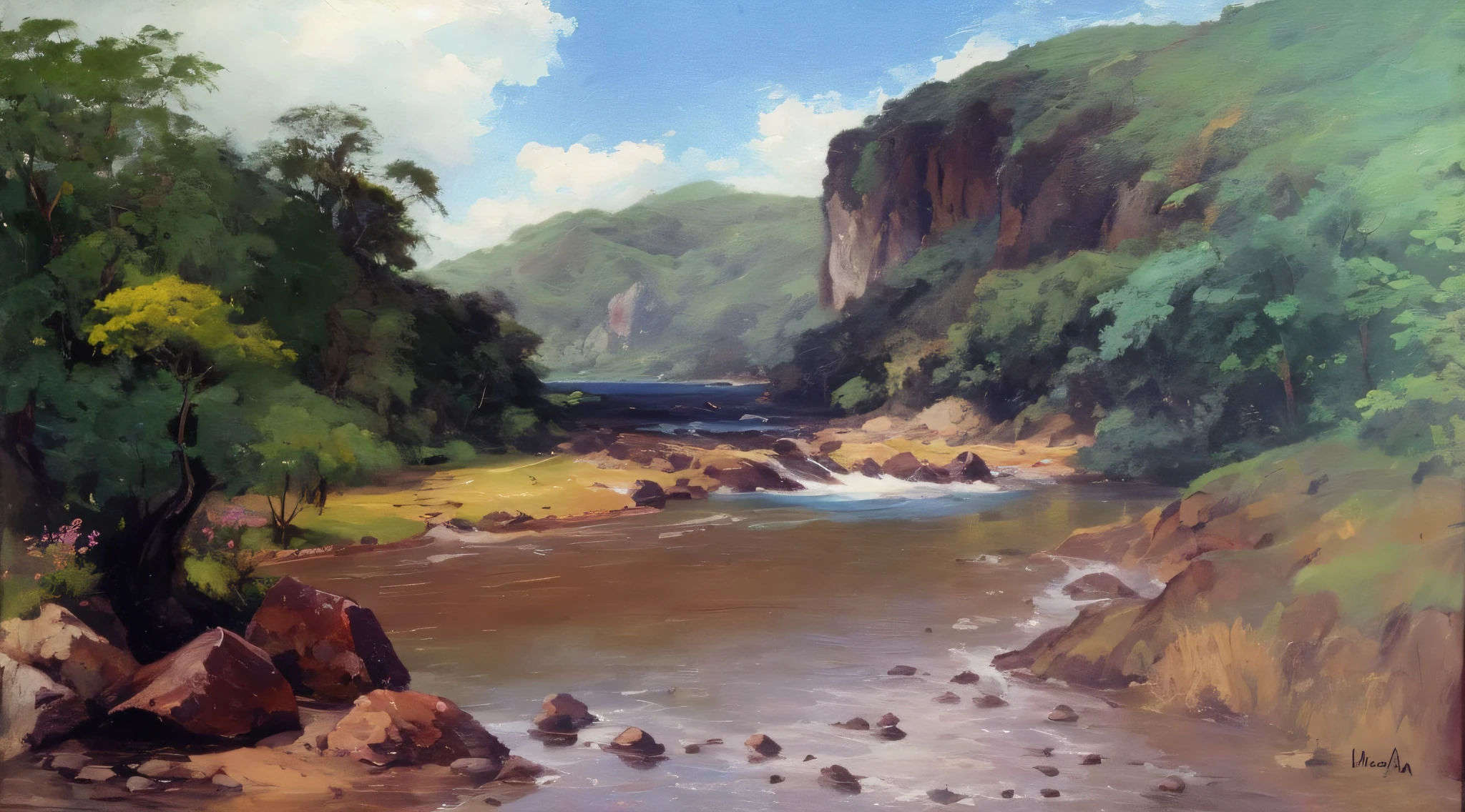 pintura de um rio com uma montanha ao fundo, Directed by: Carlos Francisco Chang Marin, near a river, Directed by: Herbert MacNair, scenic landscape, Directed by: Karel Klíč, inspirado em Fernando Amorsolo, Directed by: Líviusz Gyulai, Waterscape, Landscape oil painting, Directed by: Karel Stech