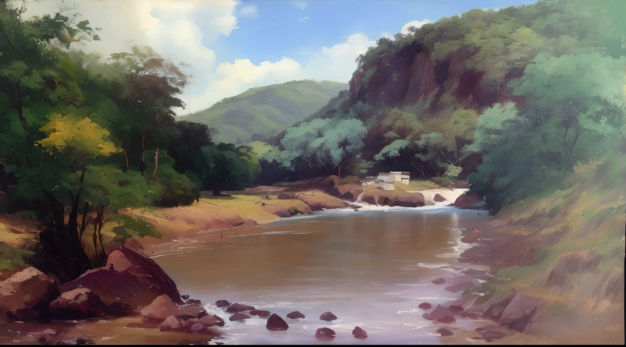 pintura de um rio com uma montanha ao fundo, Directed by: Carlos Francisco Chang Marin, near a river, Directed by: Herbert MacNair, scenic landscape, Directed by: Karel Klíč, inspirado em Fernando Amorsolo, Directed by: Líviusz Gyulai, Waterscape, Landscape oil painting, Directed by: Karel Stech