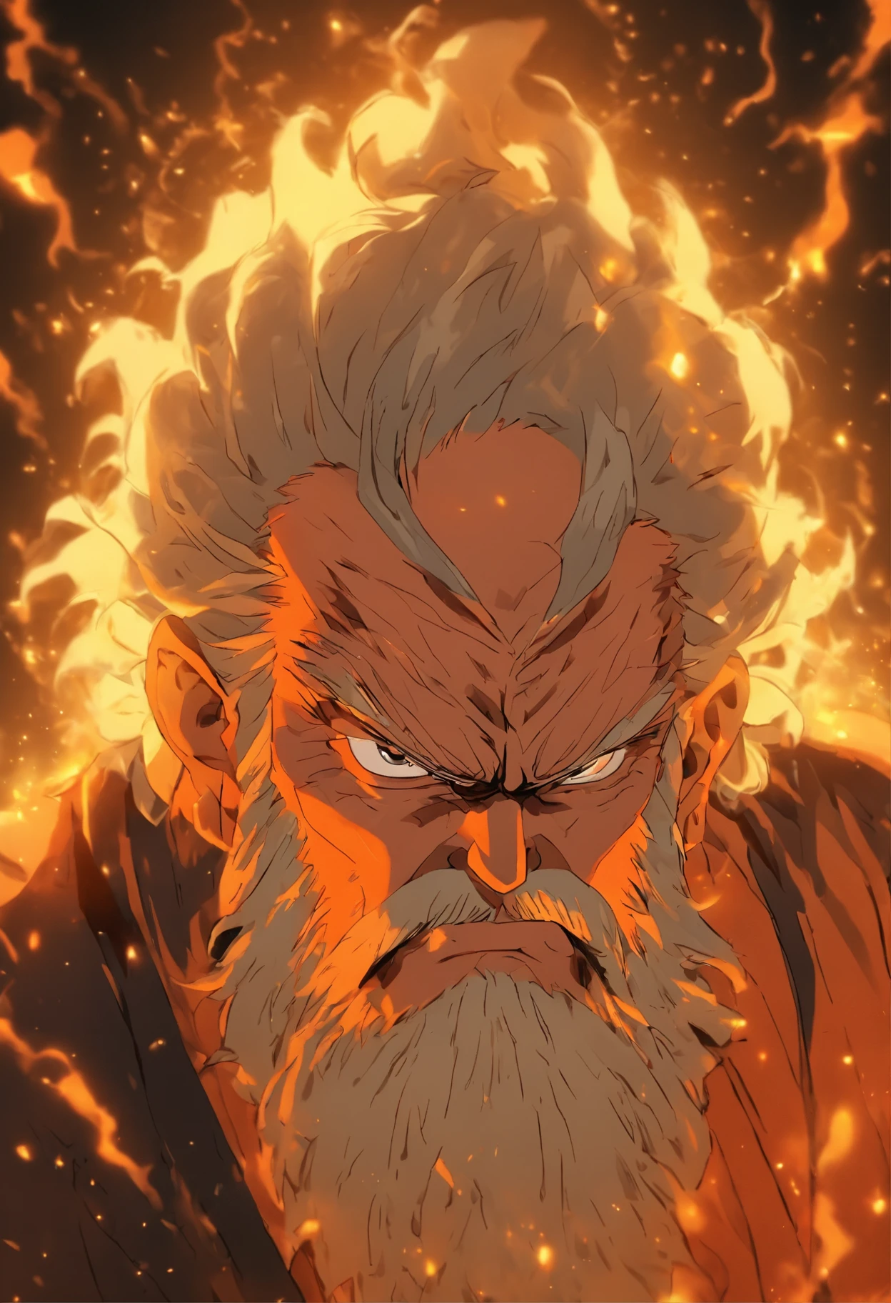Scary looking old man, amazing hair and beard, black hair with few white strands, lots of wrinkles, tired but scary eyes, big man, orange shirt, black pants, praying