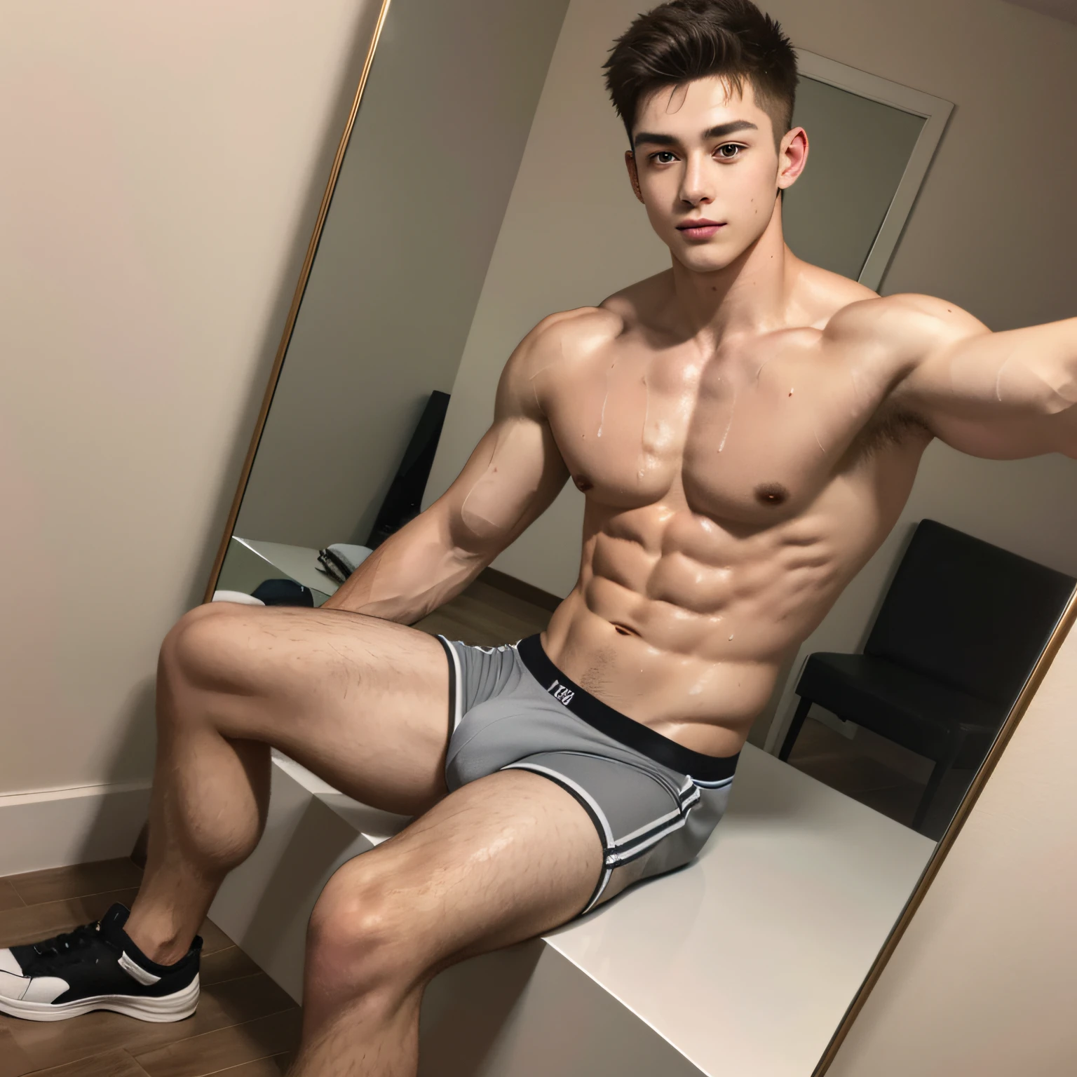 masterpiece, best quality, ultra detailed, realistic, sfw, 1boy, an attractive 18 years old fit caucasian boy sitting in front of a mirror taking selfie, flexing pose, ((sweat)), shirtless, wearing tight jockstrap, big bulge, vpl, smug, full body shot,