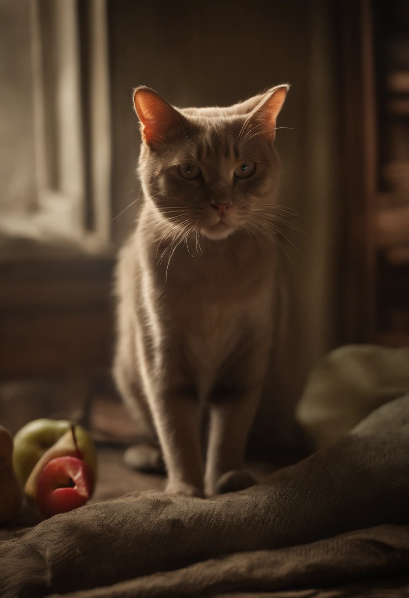 Cat eating an apple. foto ultra realista, colorido, intrincado, ultra detailed artistic photography, Aura noturna colorida, Sombras, oil on the canvas, Pinceladas, liso, Ultra High Definition, 32k, Ultra sharp focus, obra-prima de arte intrincada, agourento, cartaz de filme de pintura fosca, proportion Aurea, intrincado, epics, altamente detalhado, vibrante, production cinematic character render, very high quality creation by Disney Studios, fotorrealista, sedutoramente posicionado,