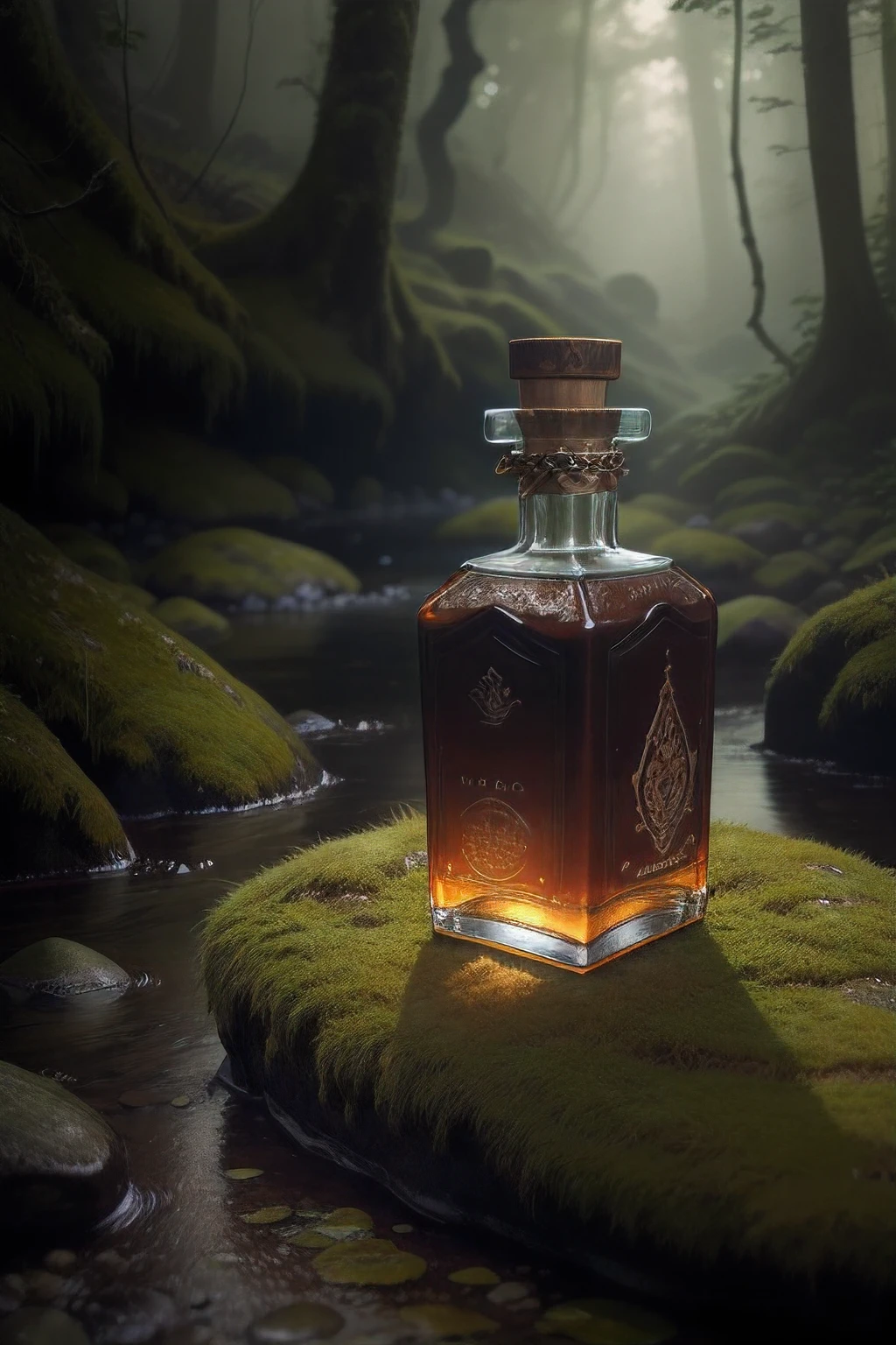 a brown bottle of gin on a rock on moss covered rock , in a forest , dark and moody, macro lens --ar 3:2 --s 850 --c 50
