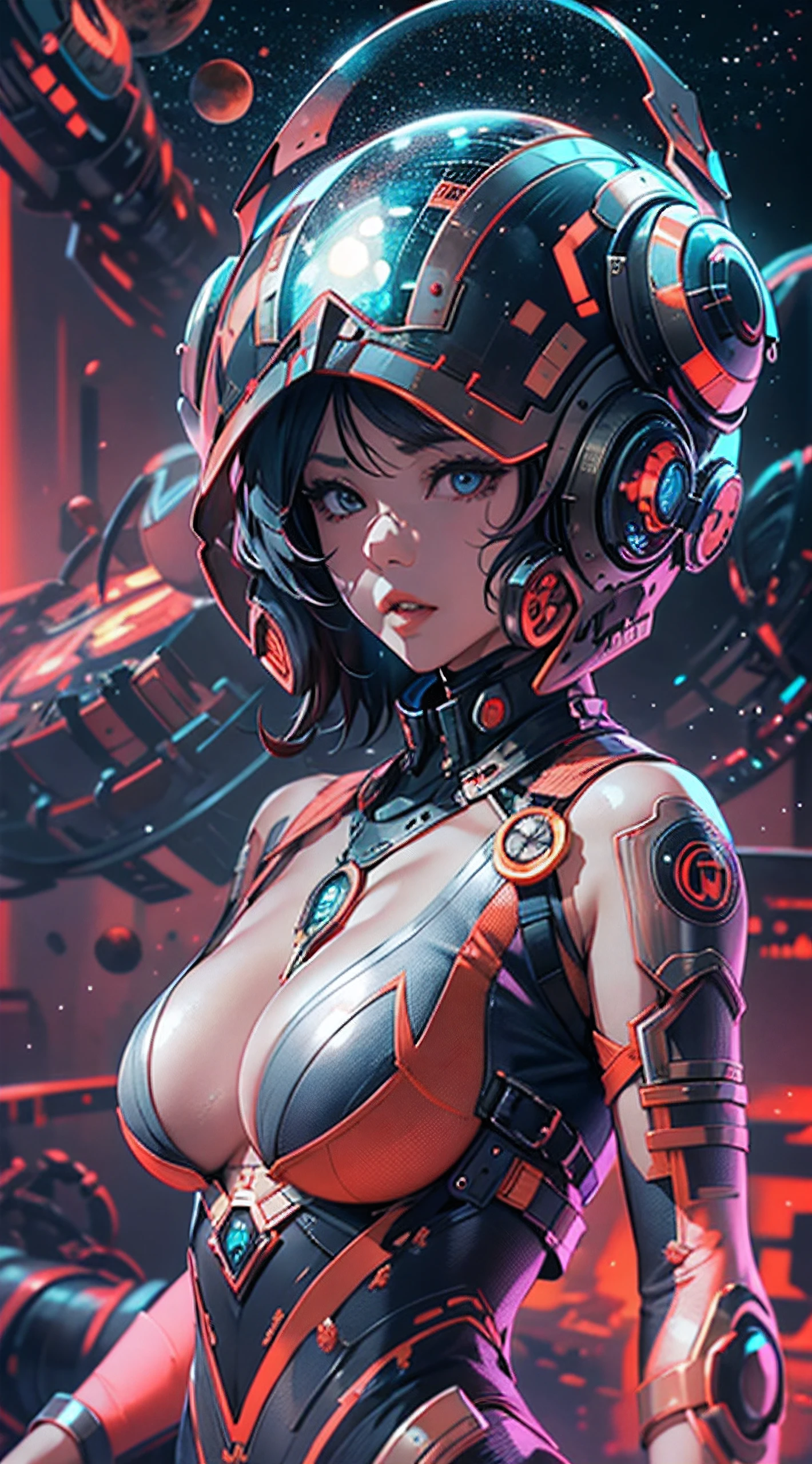 `japanese alien cyber punk female warrior, ultra sexy, busty breast semi nude, 8k detailed horizon planets in sky`