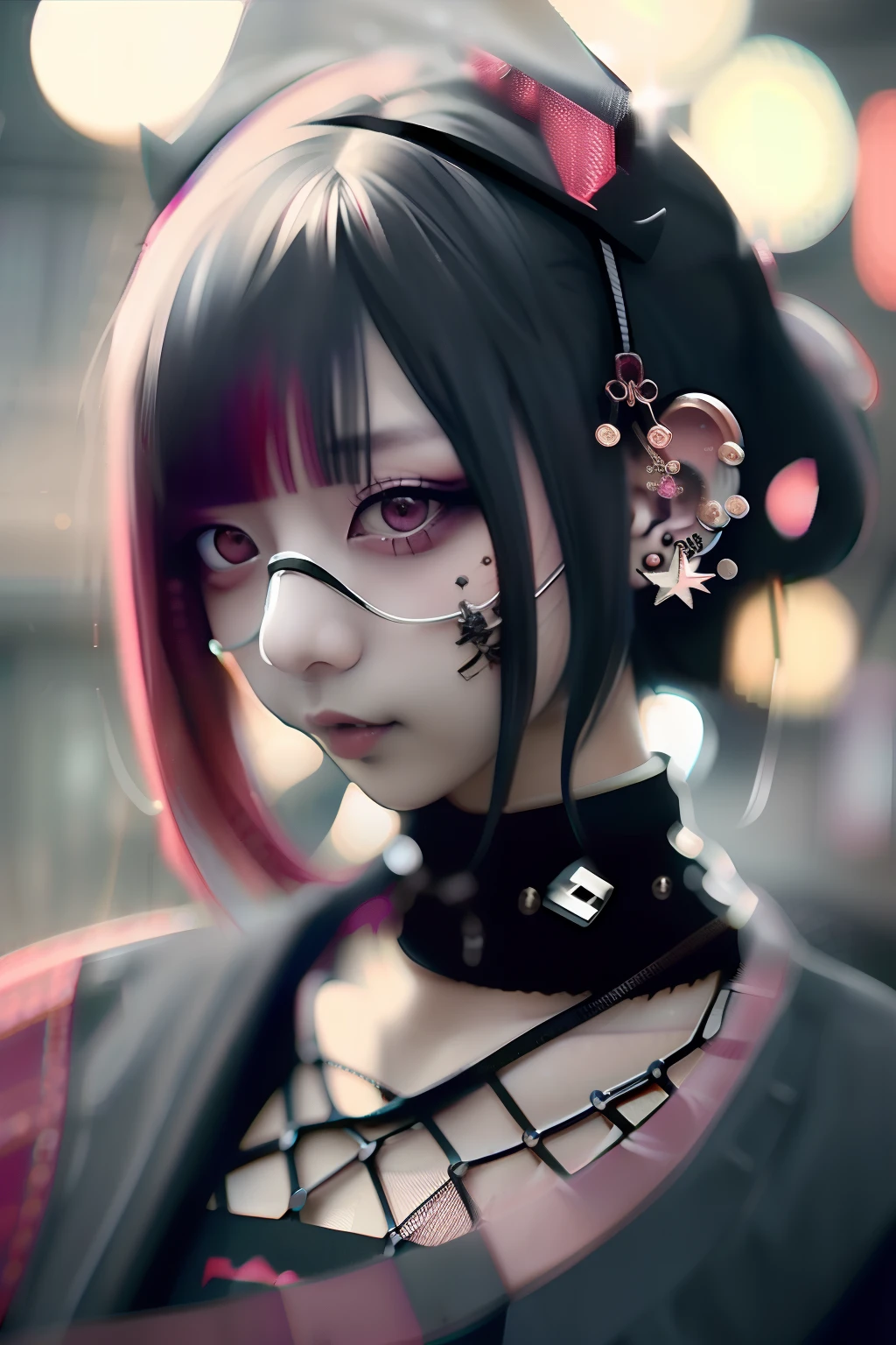 bob cuts、Red-haired、rot、red hairs、head phone、🎧、goth_punk, 1girl in, 独奏, medium shot, Walking in Harajuku, ((during night)), bokeh dof, Neon light, Iridescent eyes, starrysky, red glowing hair, Black eyebrows, Radiant hair, (iridescent red hair), 耳Nipple Ring, bangss, jewely, masks, bluntbangs, verd s eyes, Mouth mask, blurry backround, bblurry, hair adornments, Look at viewers, shorth hair, portraitures, side locks