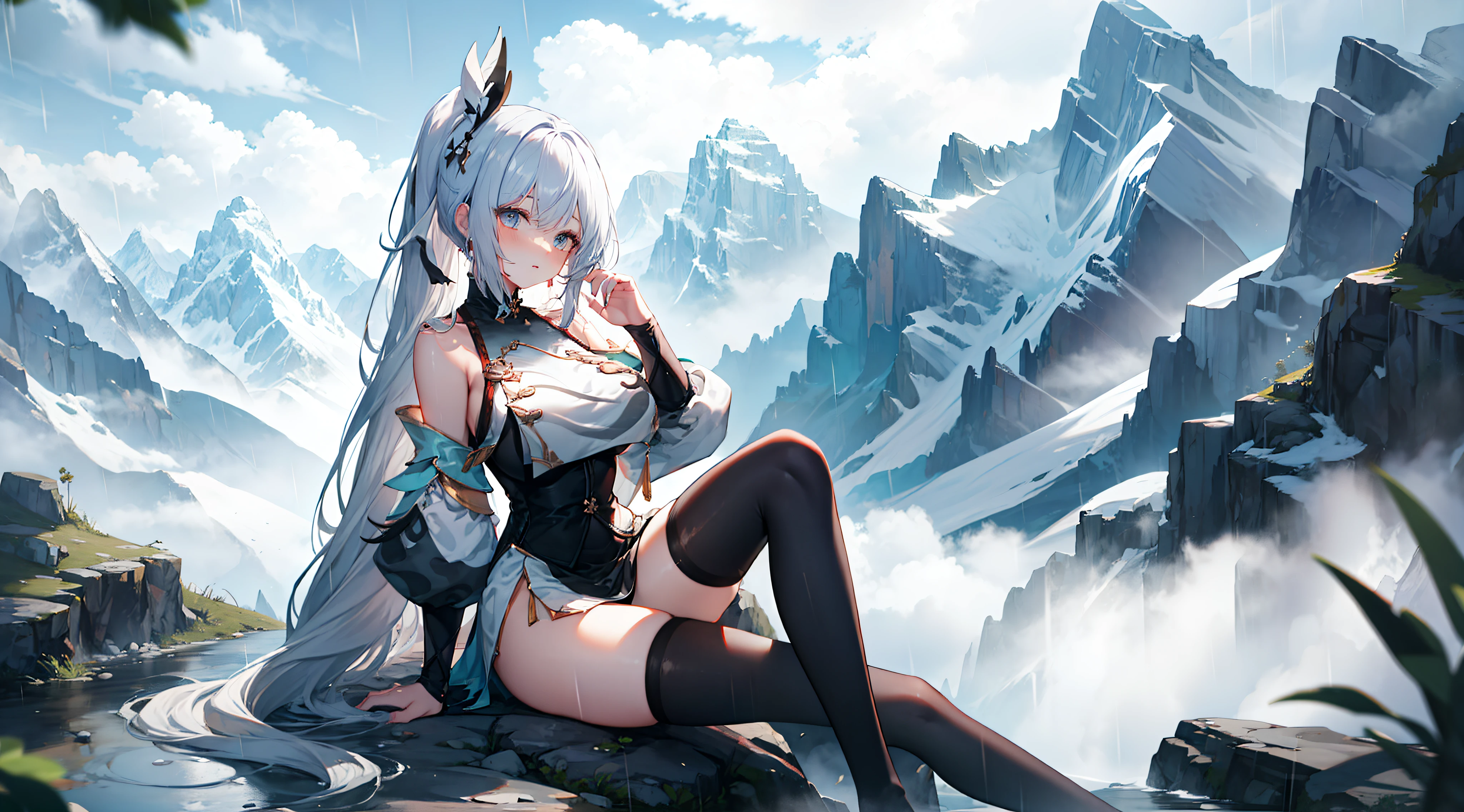 heavy rain，grabbing breast,Nice high ponytail hairstyle，long whitr hair，magpie，tall mountain peaks，Auspicious clouds，Bare shoulders, white thighhighs, Hair ribbon, Large breasts,black long socks，Alpine streams are long