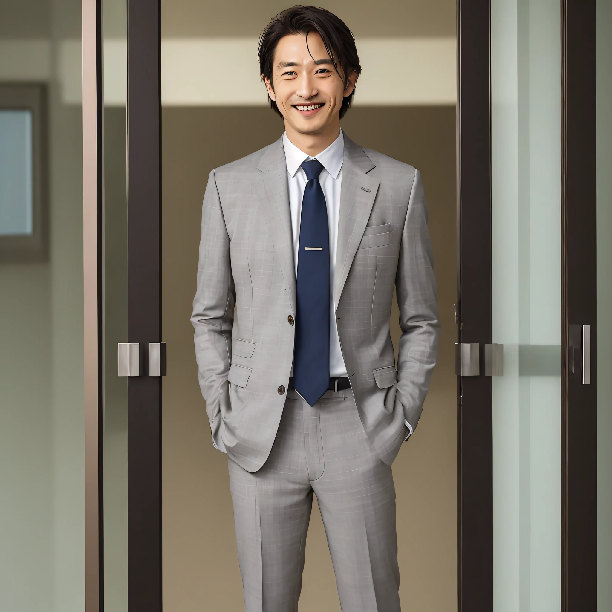 Realistic,  (masterpiece, best_quality:1.1), smile, fresh, a single Japanese man standing in front of a glass door with a cross on it, zegna, Drop+7, Double vents, Notch lapels, Flap pockets, 2-button closure, Fully lined, Deconstructed, 100%+Wool, Grey, suits, young Japanese, wearing a undercloth and tie, oxford knot