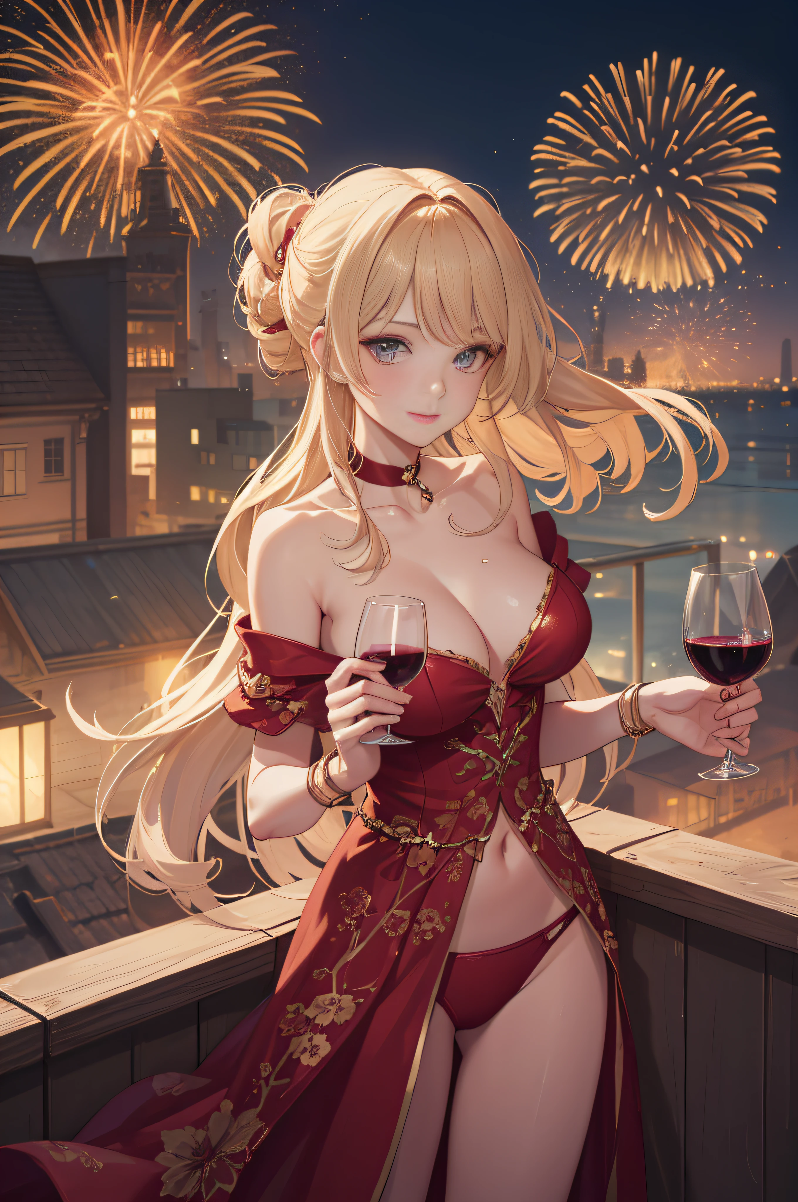 ((A sexy and beautiful woman holding a wine glass and looking at me on the terrace)), ((The cutest 22-year-old beauty)), Charming smile, ((Fireworks in the background) ), ((Very long hair) ), ((One piece with a lot of exposed parts)), ((Rich bust)), Gradient eyes, Seductive makeup, Single view, NFFSW, UHD, Retina, Masterpiece, Accurate, Anatomy Scientifically correct, textured skin, super detail, high detail, high quality, award winning, highest quality, high resolution, 1080P, HD, 4K, 8k, 16k