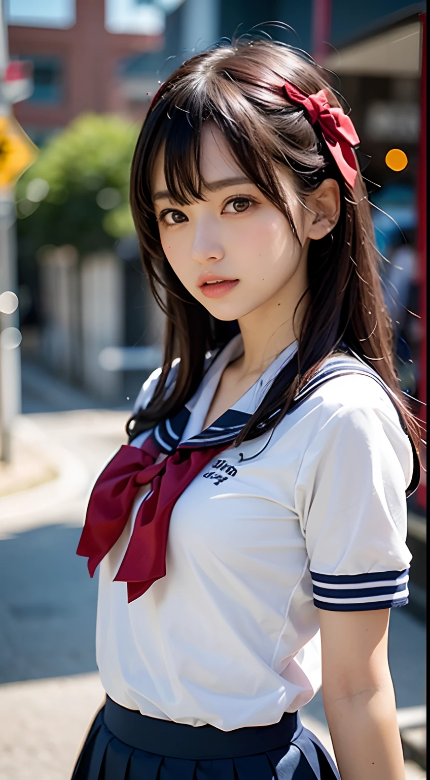 (masutepiece, Best Quality:1.2), 8K, Official art, Raw photo, unbelievable Ridiculous, (Upper body, Sailor Uniform, serafuku:1.4), Beautiful Girl, Pretty Face, arching back down, Navy pleated skirt, close up, School uniform, Short sleeve, gardenia, violaceaess, Teen, Street, Looking at Viewer, No makeup, Film grain, chromatic abberation, Sharp Focus, face lights, Dynamic lighting, Cinematic lighting, Eyes and faces with detailed, Bokeh background, (1 dark red bow tie:1.3)