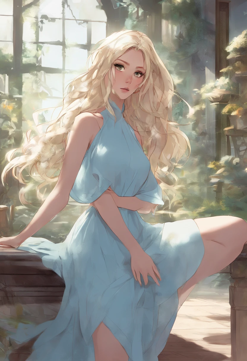 (high quality, relax art:1.2), a beautiful girl, (long messy blond hair), (light-blue crop top dress)