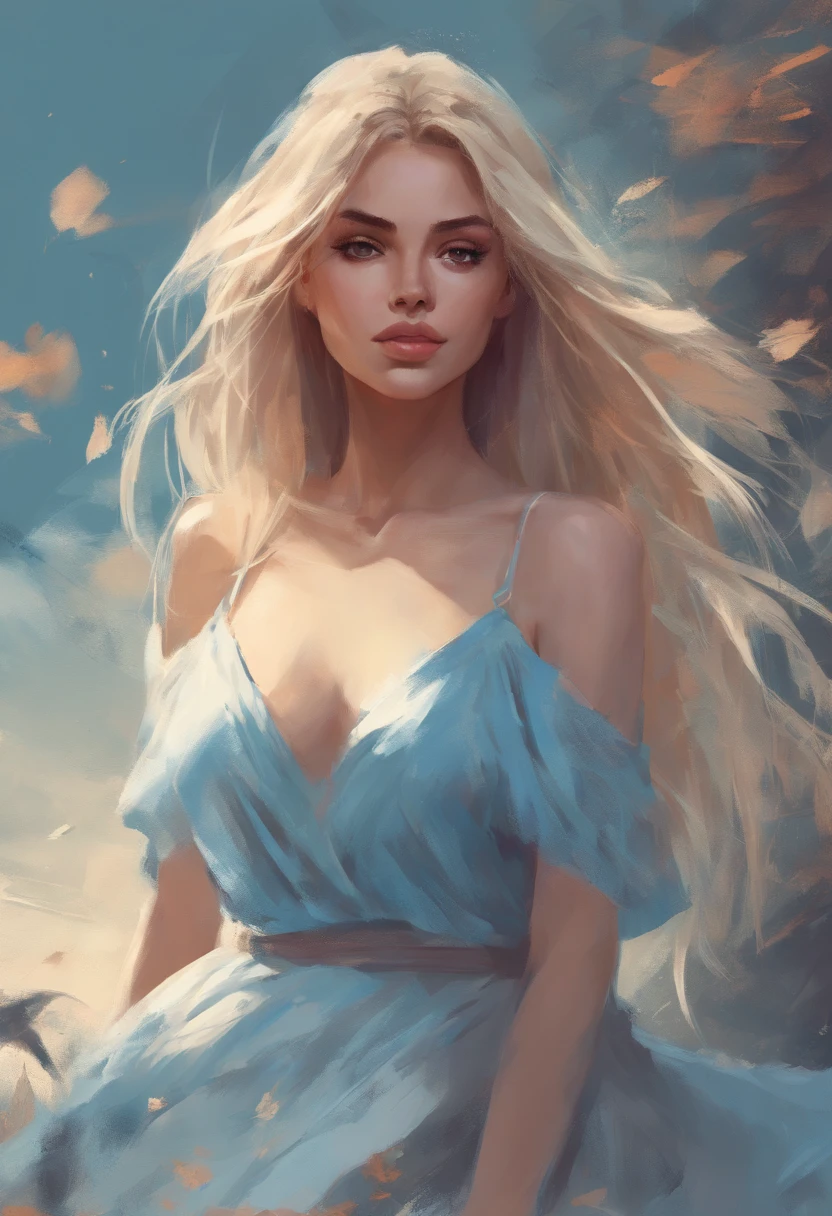 (high quality, relax art:1.2), a beautiful girl, (long messy blond hair), (light-blue crop top dress)