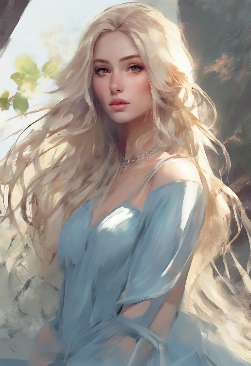 (high quality, relax art:1.2), a beautiful girl, (long messy blond hair), (light-blue crop top dress)