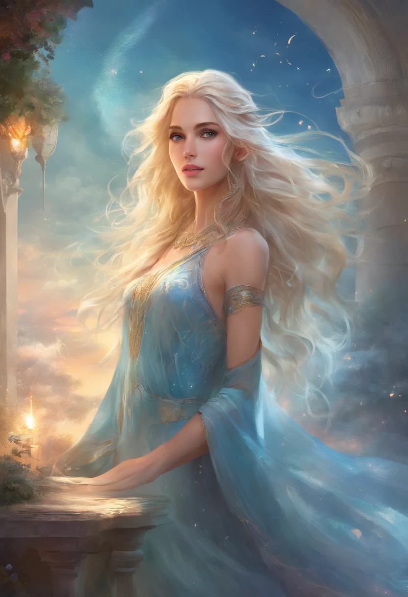 (high quality, relax art:1.2), a beautiful girl, (long messy blond hair), (light-blue crop top dress)