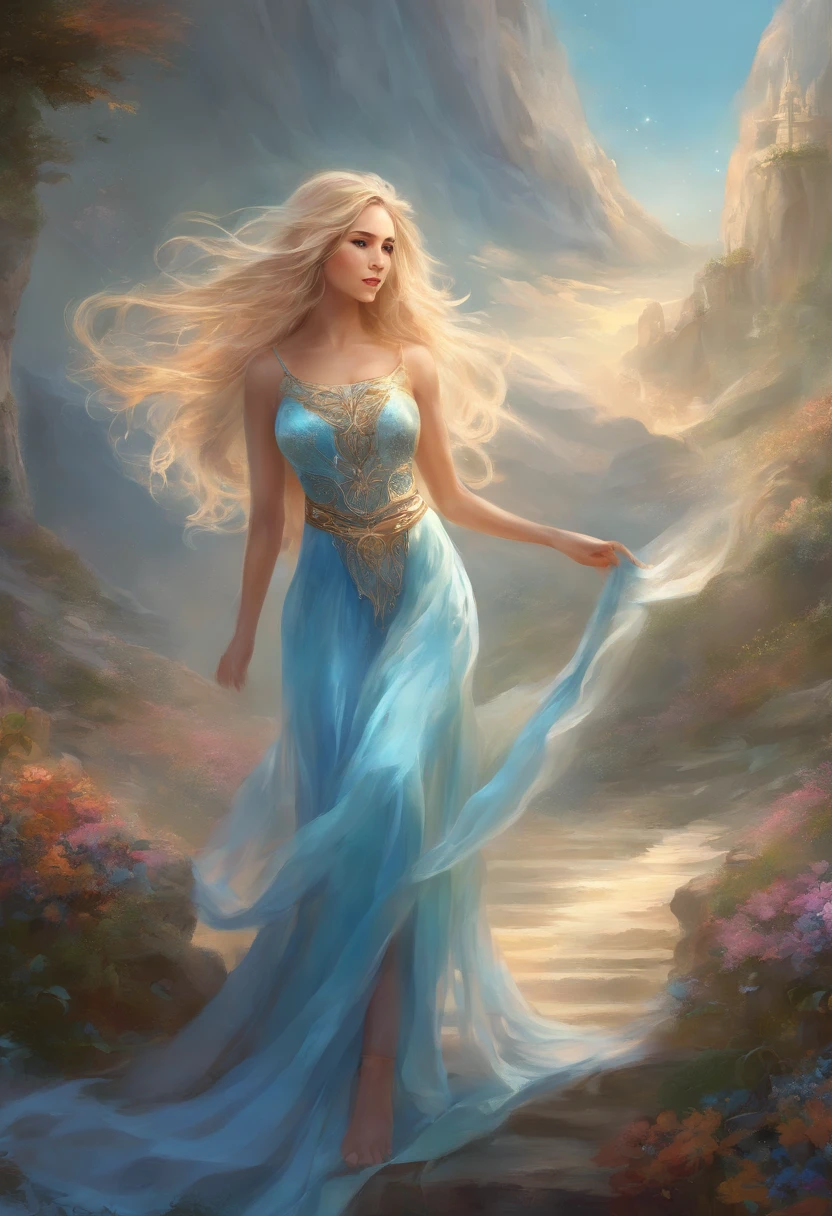 (high quality, relax art:1.2), a beautiful girl, (long messy blond hair), (light-blue crop top dress)