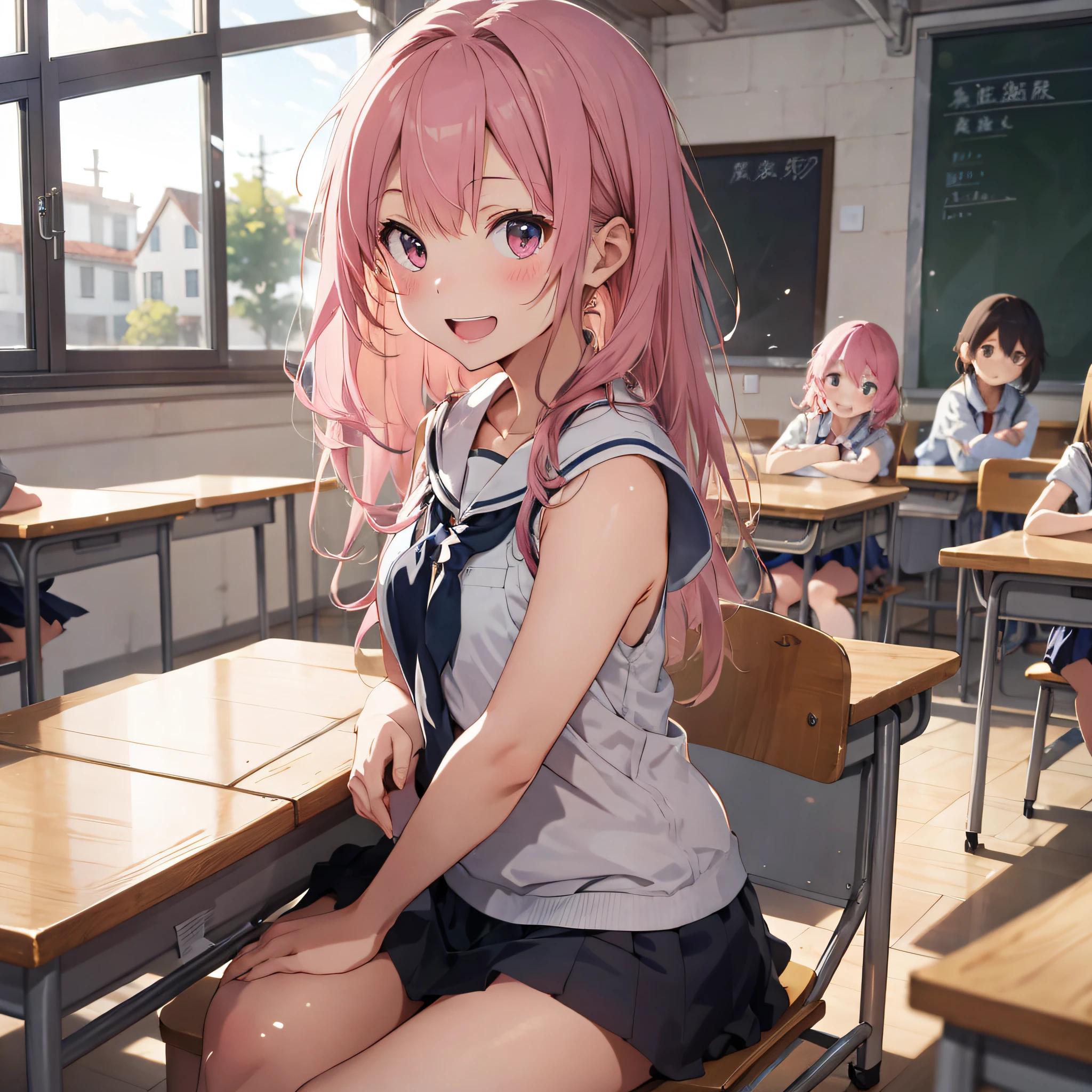 (masutepiece, High Definition, hight resolution, Illustration), in 8K,During school classes、(Pink hair、Schoolgirl with long hair)、(Sleeveless white uniform)、Smile、Thinly open mouth、perspiring、(see -through:0.5)、Studying、Detailed study desk、((Sitting at a study desk))、Turned、Blackboard in the distance、((Detailed class scene))、2nd person、Blonde Friend Girl、Being hugged from behind