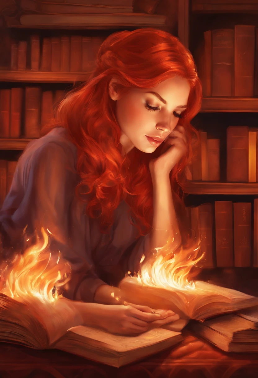 red-haired girl drawing while books are burning in the fire