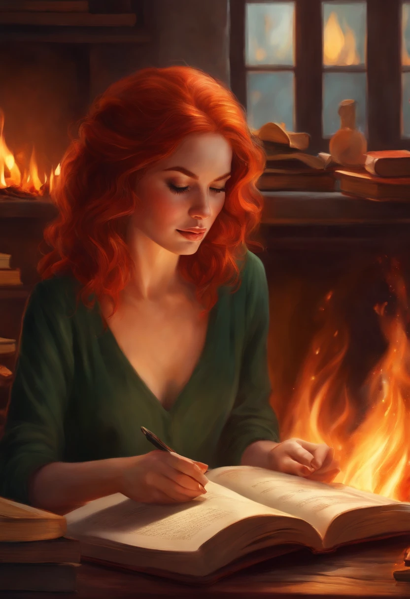 red-haired girl drawing while books are burning in the fire