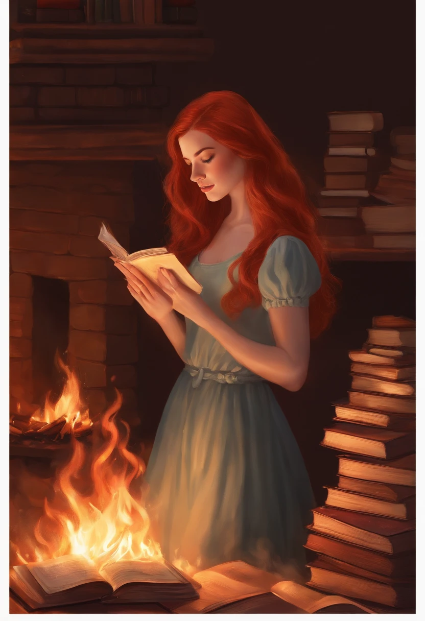 red-haired girl drawing while books are burning in the fire