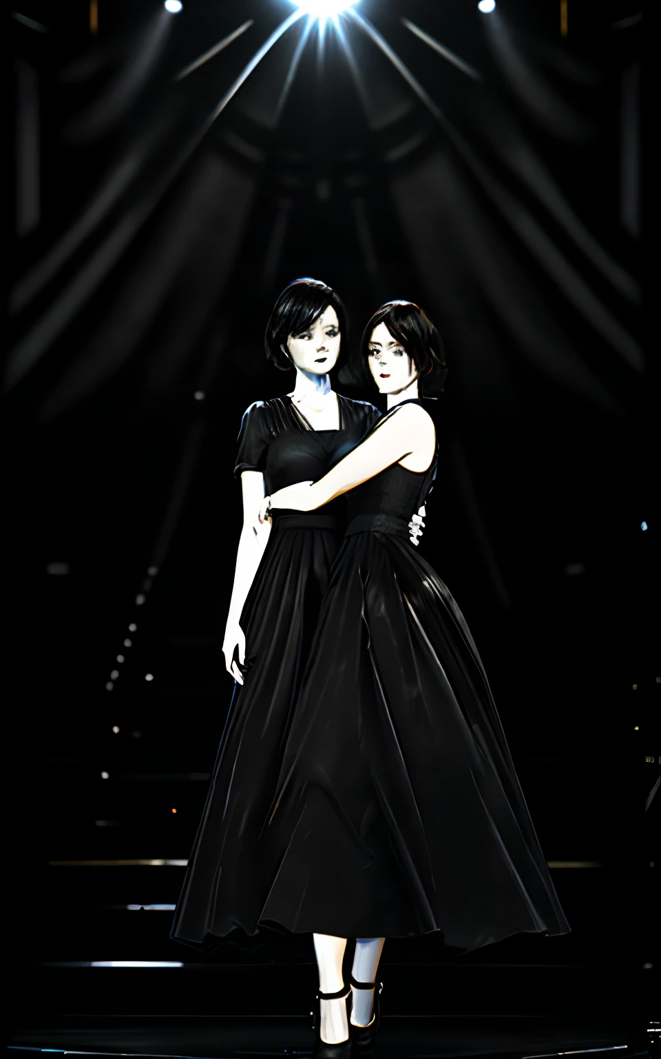 Under the newborn sun, In front of the black piano on stage, A girl with short hair in a black dress stood up and hugged a ager,A large group of Western aristocrats in the audience