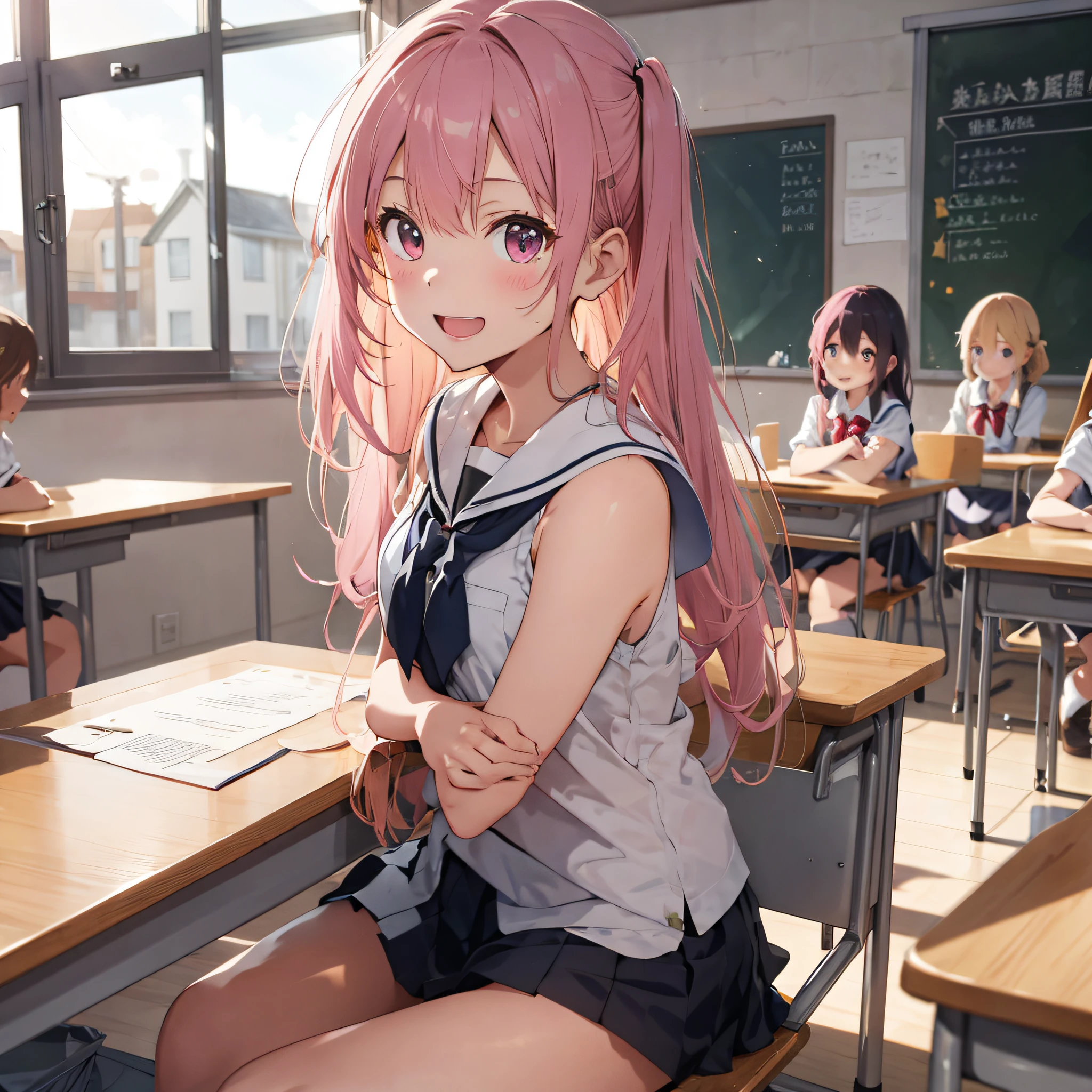 (masutepiece, High Definition, hight resolution, Illustration), in 8K,During school classes、(Pink hair、Schoolgirl with long hair)、(Sleeveless white uniform)、Smile、Thinly open mouth、perspiring、(see -through:0.5)、Studying、Detailed study desk、((Sitting at a study desk))、Turned、Blackboard in the distance、((Detailed class scene))、2nd person、Blonde Friend Girl、Being hugged from behind