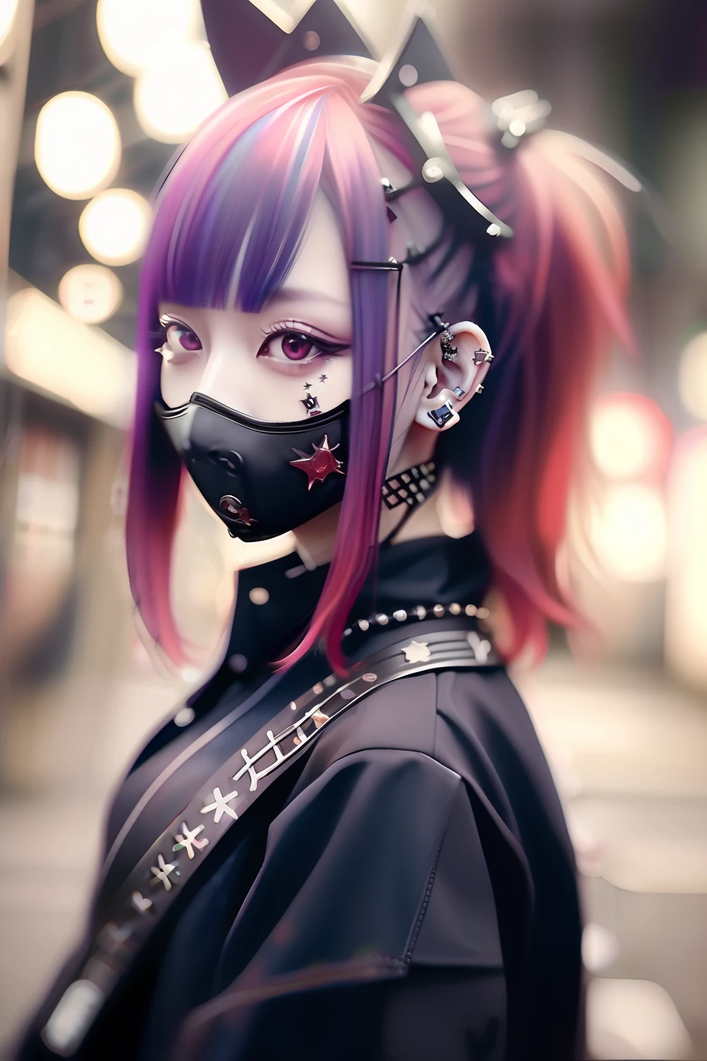 bright red、Really red、red、Red-haired、rot、red hairs、head phone、🎧、goth_punk, 1girl in, 独奏, medium shot, Walking in Harajuku, ((during night)), bokeh dof, Neon light, Iridescent eyes, starrysky, red glowing hair, Black eyebrows, Radiant hair, (iridescent red hair), 耳Nipple Ring, bangss, jewely, masks, bluntbangs, verd s eyes, Mouth mask, blurry backround, bblurry, hair adornments, Look at viewers, shorth hair, portraitures, side locks