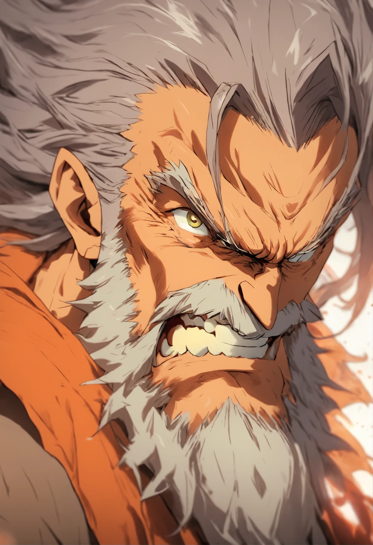 Scary looking old man, Amazing hair and beard, brunette color hair,There are a few gray hairs, A lot of wrinkles, Tired but scary eyes, Big man, Orange shirt, Black pants, DOA