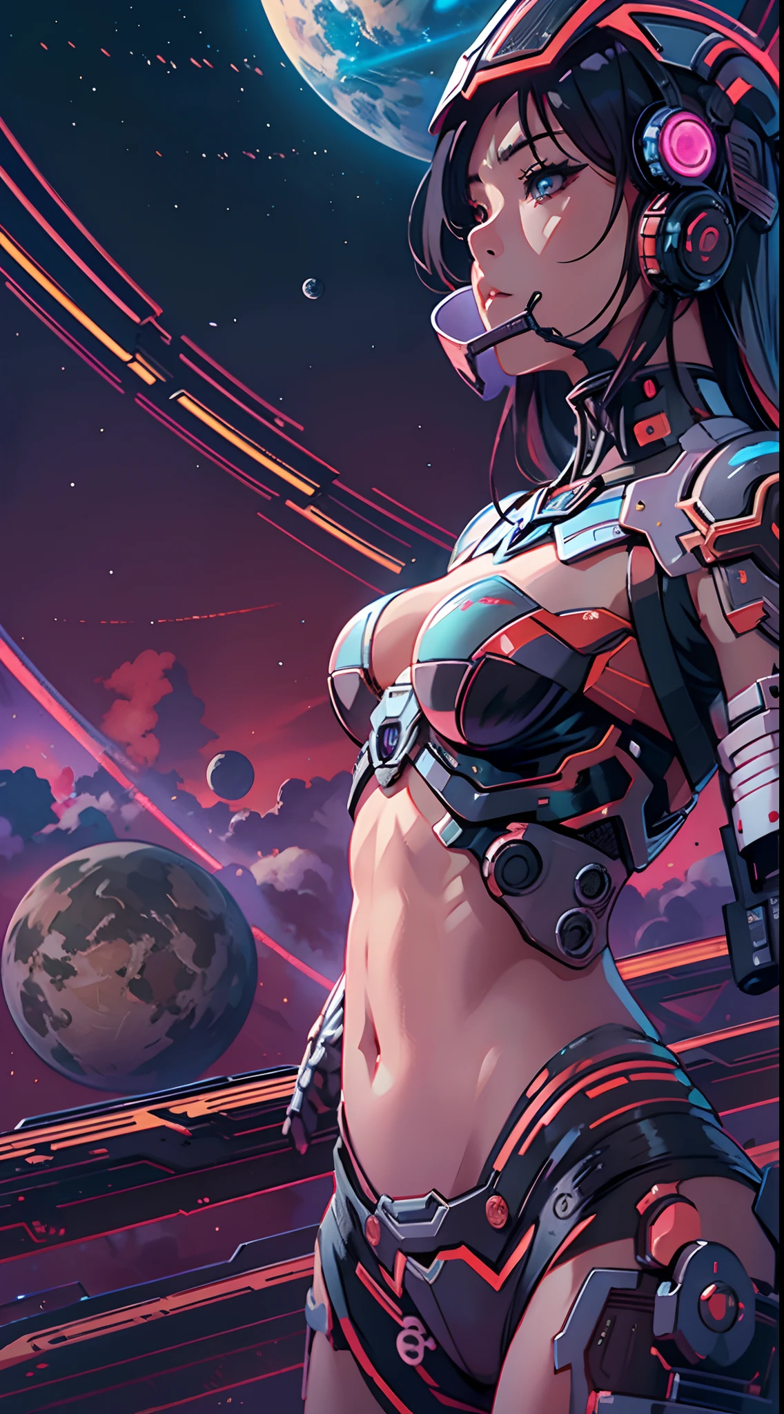 `japanese alien cyber punk female warrior, ultra sexy, busty breast semi nude, 8k detailed horizon planets in sky`