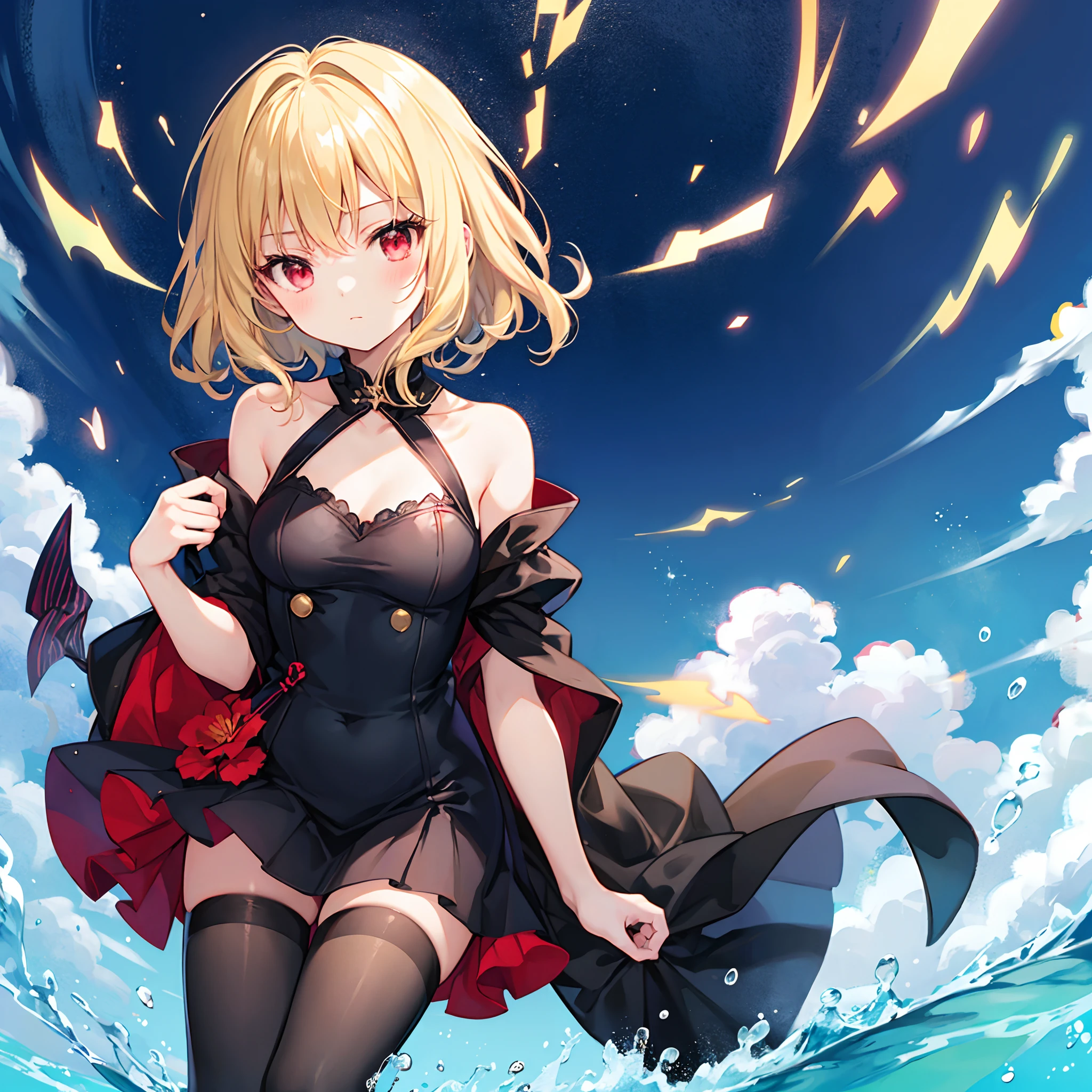 Wavy blonde、red eyes、Beautiful girl alone、Black Dress、off shoulders、a miniskirt、Black tights、kosmos