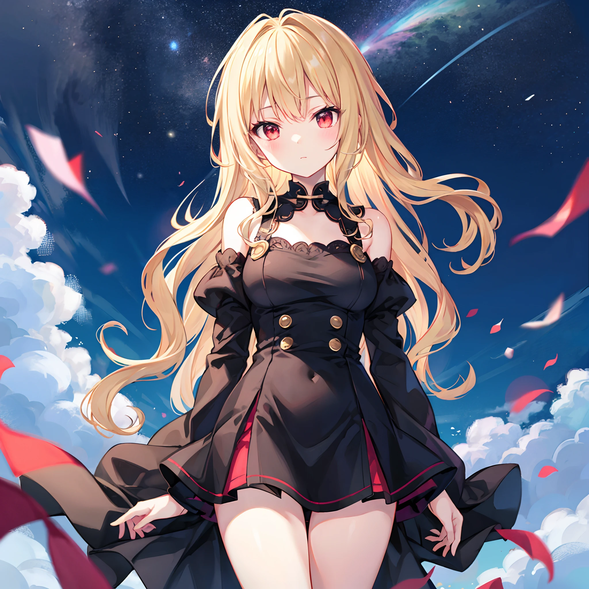 Wavy blonde、red eyes、Beautiful girl alone、Black Dress、off shoulders、a miniskirt、Black tights、kosmos