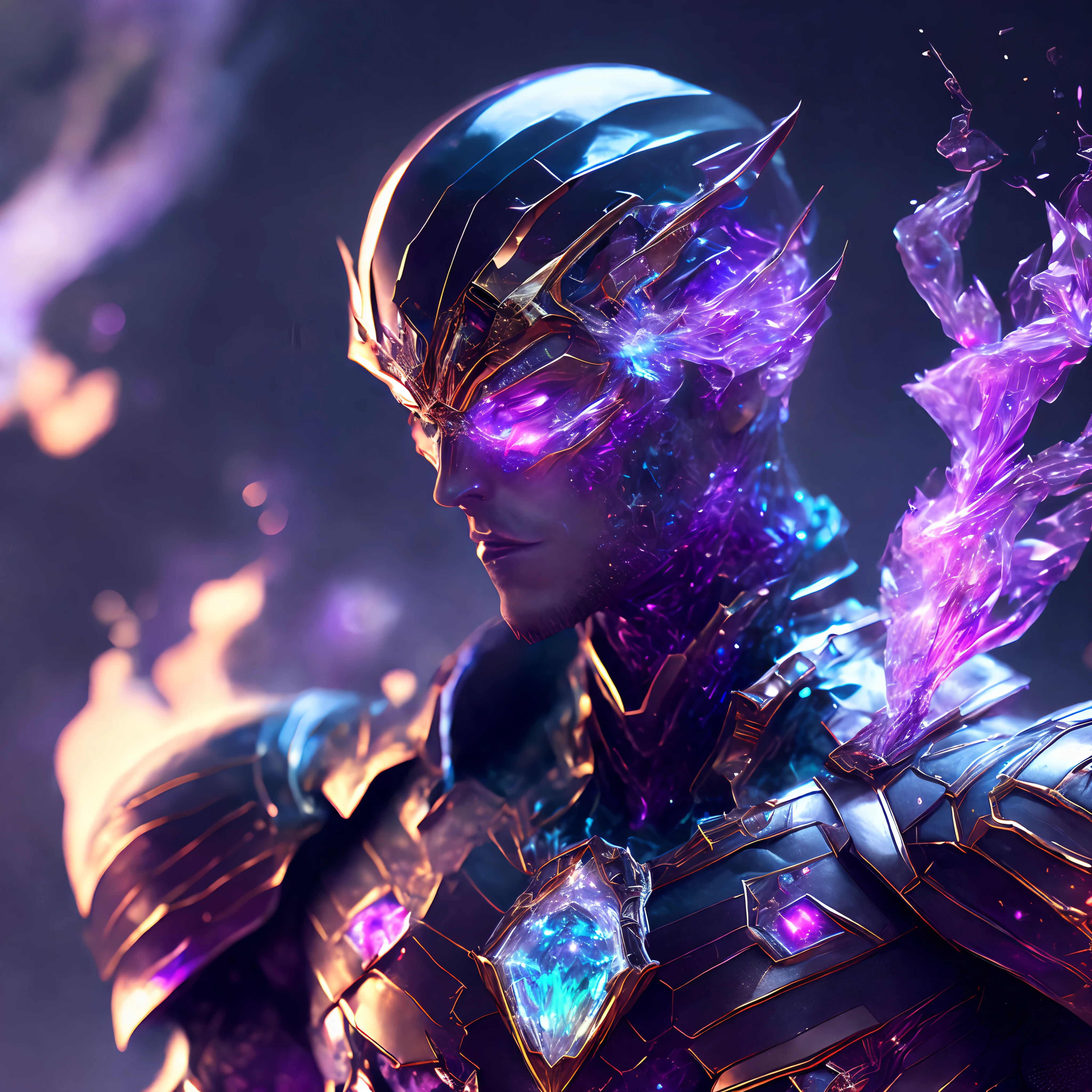 Close-up ( Crystal man from Marvel in Goth style: 1.3) emerging from multi colored crystal, extremely detailed, smoke, sparks, metal shavings, flying debris, volumetric light