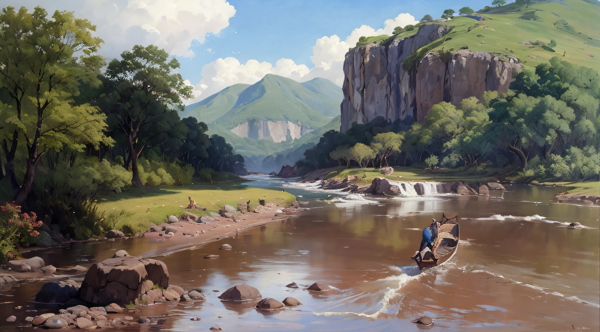 pintura de um rio com uma montanha ao fundo, Directed by: Carlos Francisco Chang Marin, near a river, Directed by: Herbert MacNair, scenic landscape, Directed by: Karel Klíč, inspirado em Fernando Amorsolo, Directed by: Líviusz Gyulai, Waterscape, Landscape oil painting, Directed by: Karel Stech