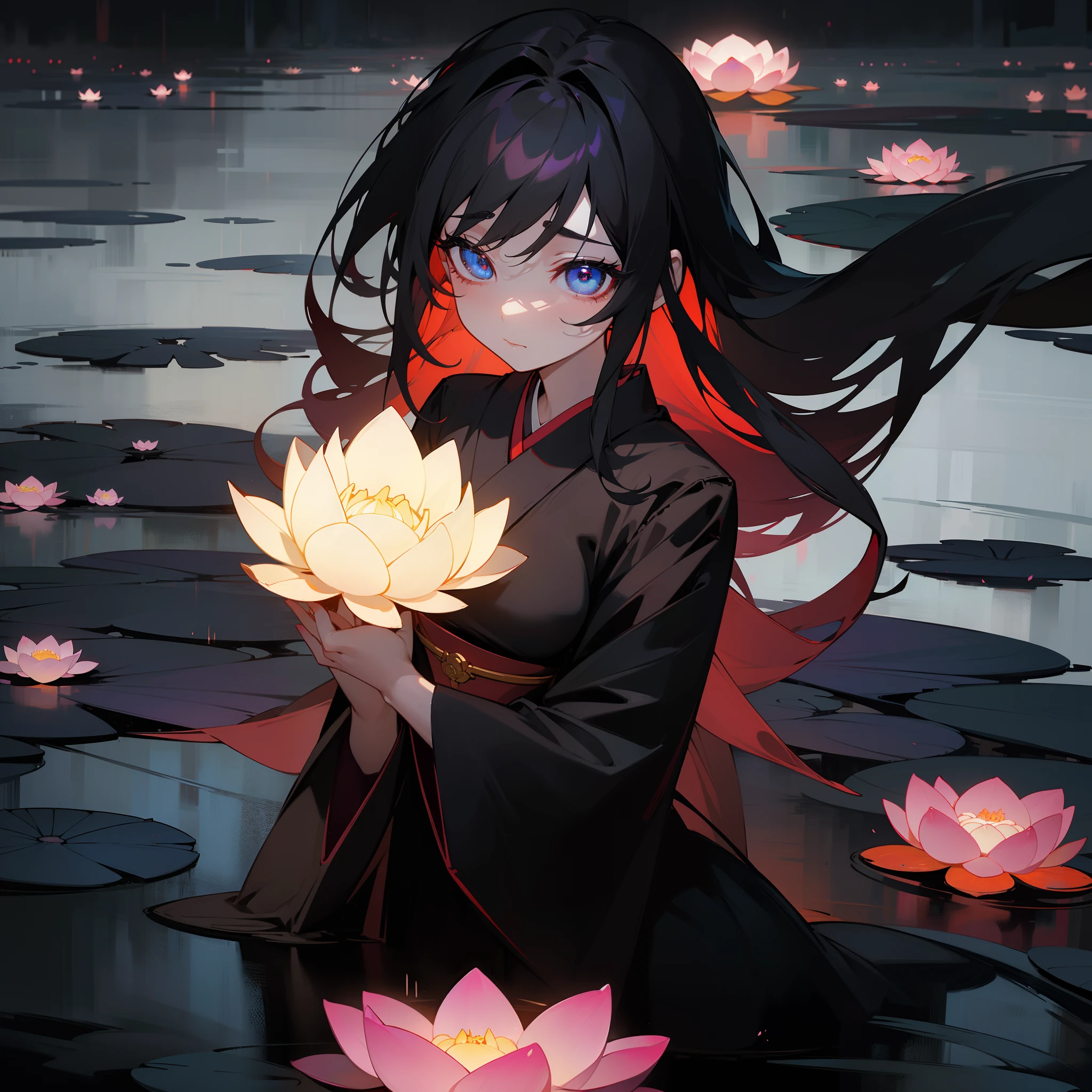 On a dark night、Glowing lotus flower、With pure brilliance、Despair mixed with madness、Black world、Woman in Japanese clothes、Her eyes are full of sorrow and the salvation she seeks、Madness and beauty、In the dark、wanting、Top image quality、Landscape painting、