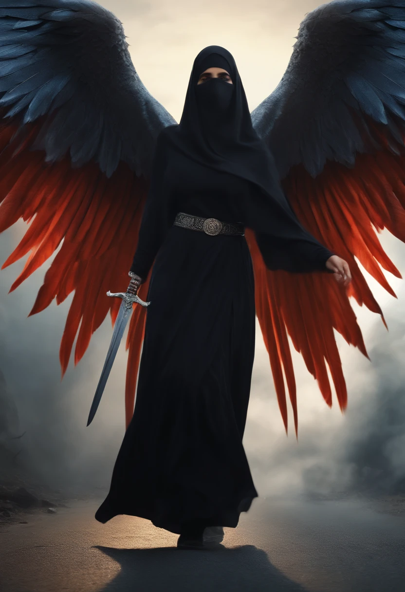realistic, 4k, beutiful muslim women wearing burkha angel with big wings, a sword, a hood over his head in the background image of a war (chaos)