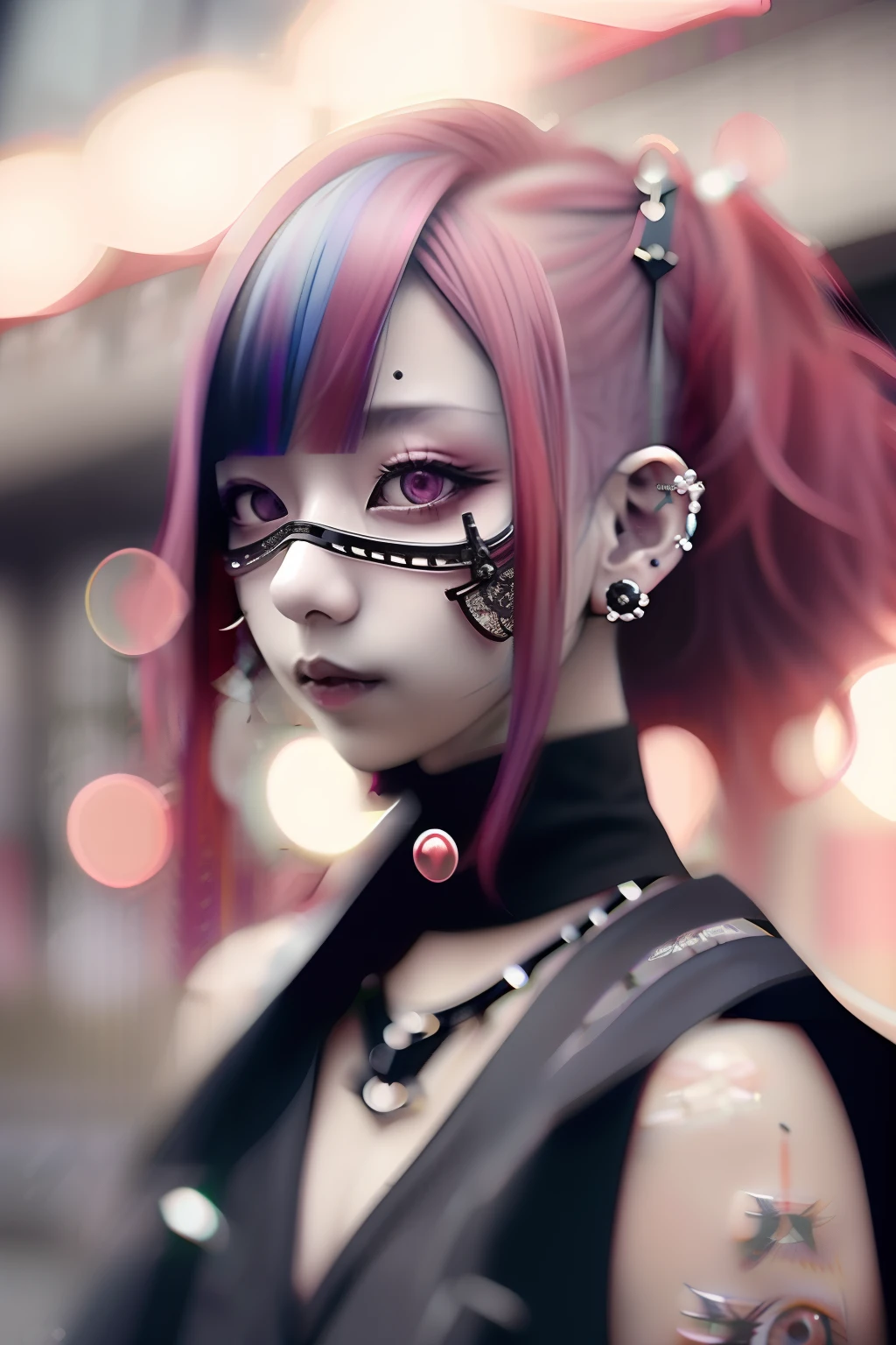 1girl, pink hair, dark red eyes, smile(teeth), piercings, tattoo, shiny eyes, glowing eyes, character portrait, bare shoulders, crop top, (oni mask on head), choker small details, ultra detailed, best quality, ,masterpiece, (volumetric lighting, bright),novelai, oil painting, drawn in medibang paint, 4k wallpaper, aesthetic, masterpiece, award-winning photography, macro photography vivid colors, photorealistic, atmospheric, cinematic, moody, rule of thirds, majestic, detailed, perfect anatomy