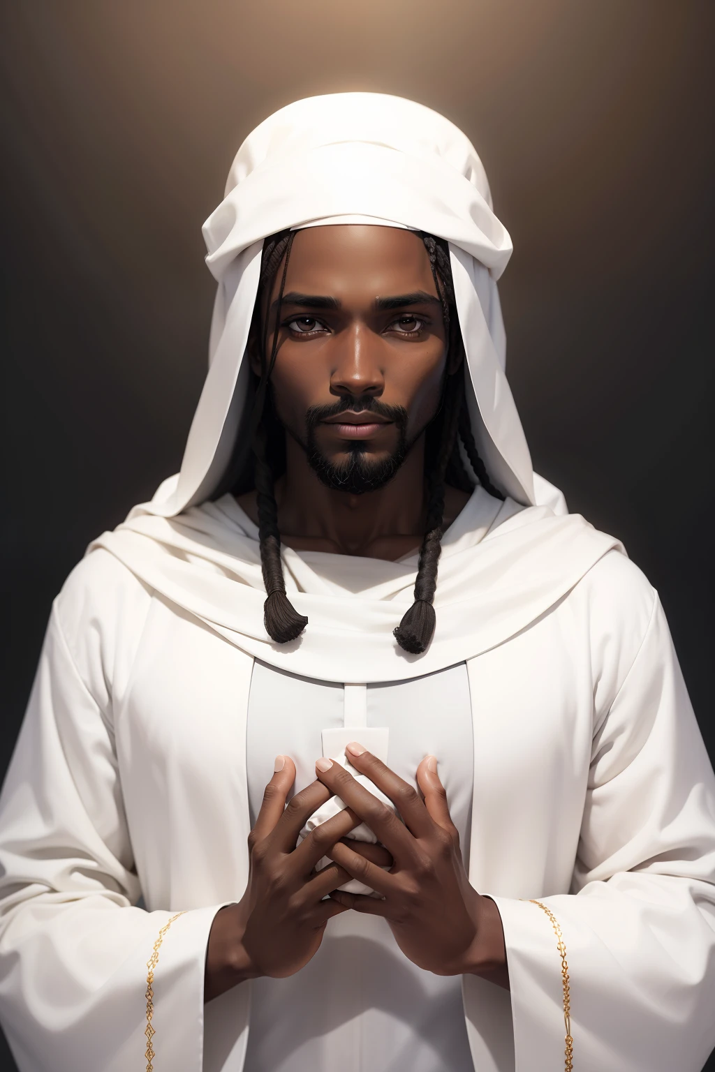 Jesus homem, African traits black skin, com semblante de paz, sereno, white fabric on the head, roupa humilde, As in the time of Christ