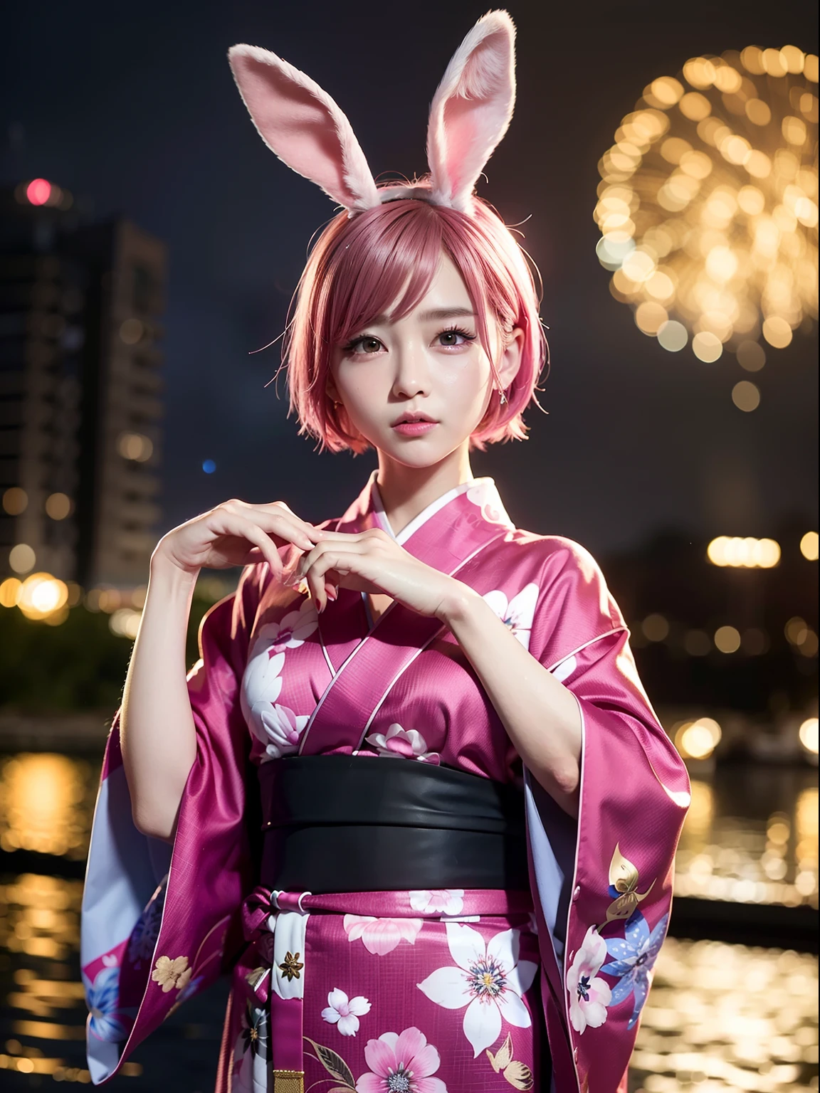 Fireworks display at night、Pink hair、Japanese Yukata、Yukata with Japanese pattern、Fireworks Festival、River、along the river、Realistic rabbit ears、rabbit ears pink hair sticking out of the head,,,,,,,,,,、Bewitching atmosphere、Beautiful shaped hands、K-POP、Pink rabbit ears、1 girl in、独奏、​masterpiece、top-quality、realisitic、Hyper-detailing、(Glossy skin:1.4)、absurderes、short pink hair、Slender beauties、动态照明、hight resolution、foco nítido、depth of fields、(thick thight:1.0)、A slender :1.2、((Short-cut bob hair))、((k pop:1.3))、Highly detailed facial and skin texture、((魅惑的))、Anatomically correct number of fingers、Correct anatomy、Angle from below