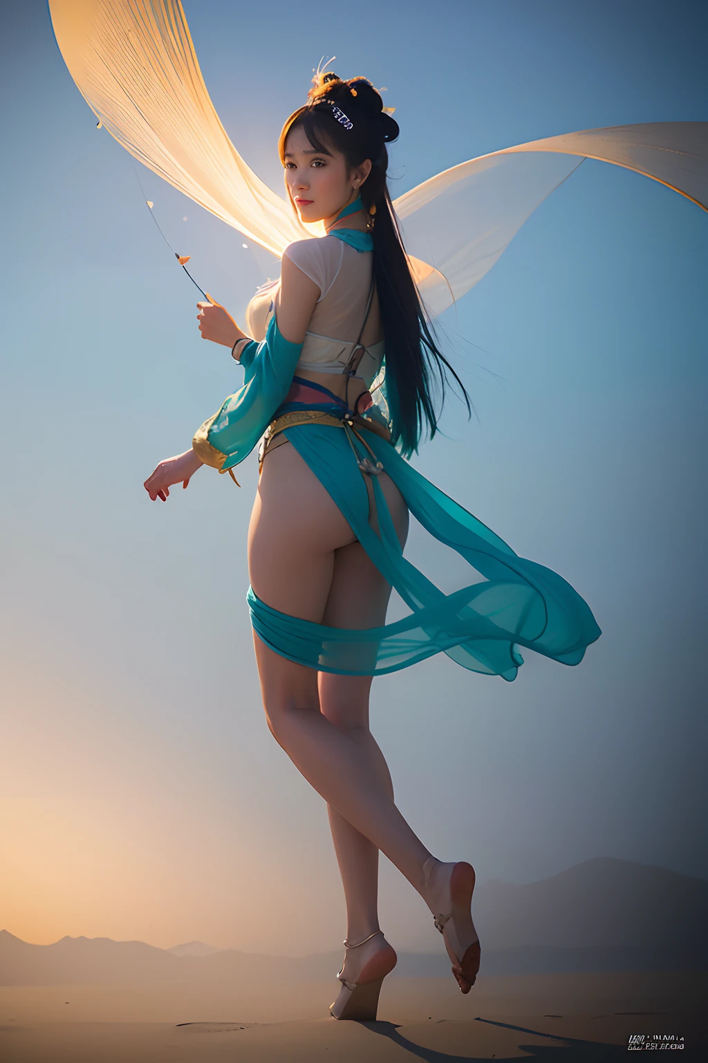 1girl,Dunhuang flying costume,Long messy hair,Dunhuang style,Flying fairies,flying through the air,Streamers fly,A lot of smoke,exquisite,elegant colors,(realisticlying,high detal,tmasterpiece,ultra - detailed,dynamic angle,Mural background,water ink,astounding,cinmatic lighting,illustratio,lightand shade contrast,The light from the back window is backlighted,God Ray,Best quality at best,Best quality at best