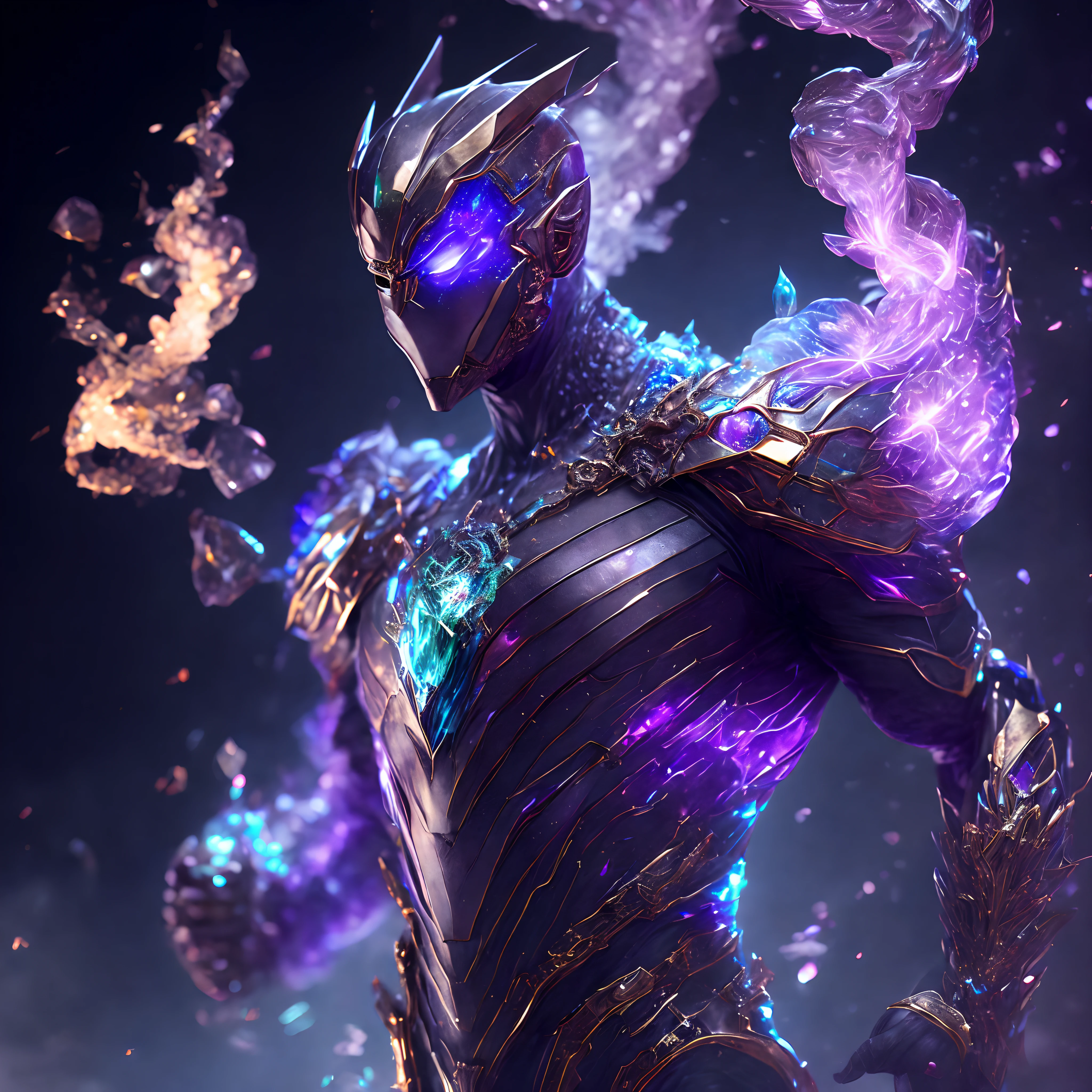 Close-up ( Crystal man from Marvel in Goth style: 1.3) emerging from multi colored crystal, extremely detailed, smoke, sparks, metal shavings, flying debris, volumetric light