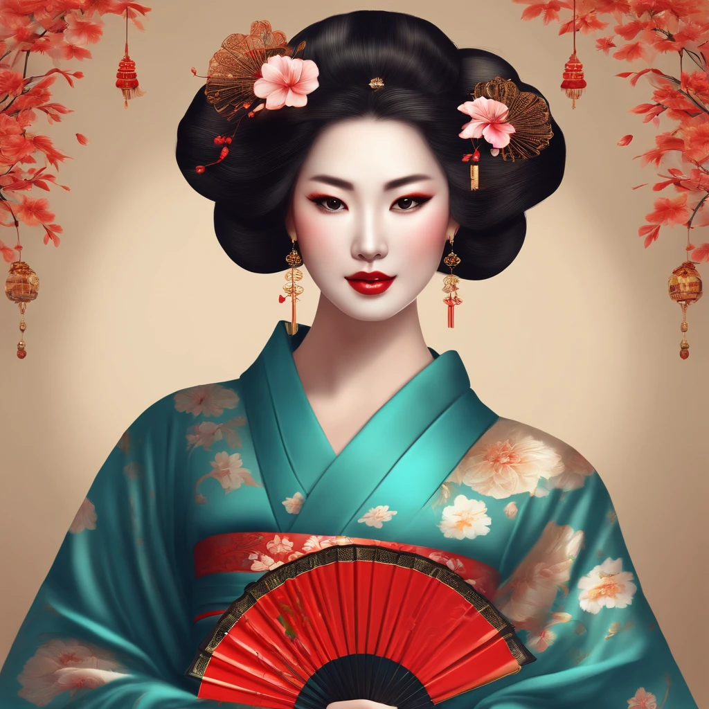 Araved woman with a fan and a flower in her hair, Exquisite digital illustration, A beautiful artwork illustration, stunning digital illustration, Beautiful digital artwork, inspired by Yun Du-seo, in style of digital illustration, chinese empress, Images, a beautiful fantasy empress, Beautiful digital illustration, Portrait of a beautiful geisha, Portrait of a geisha