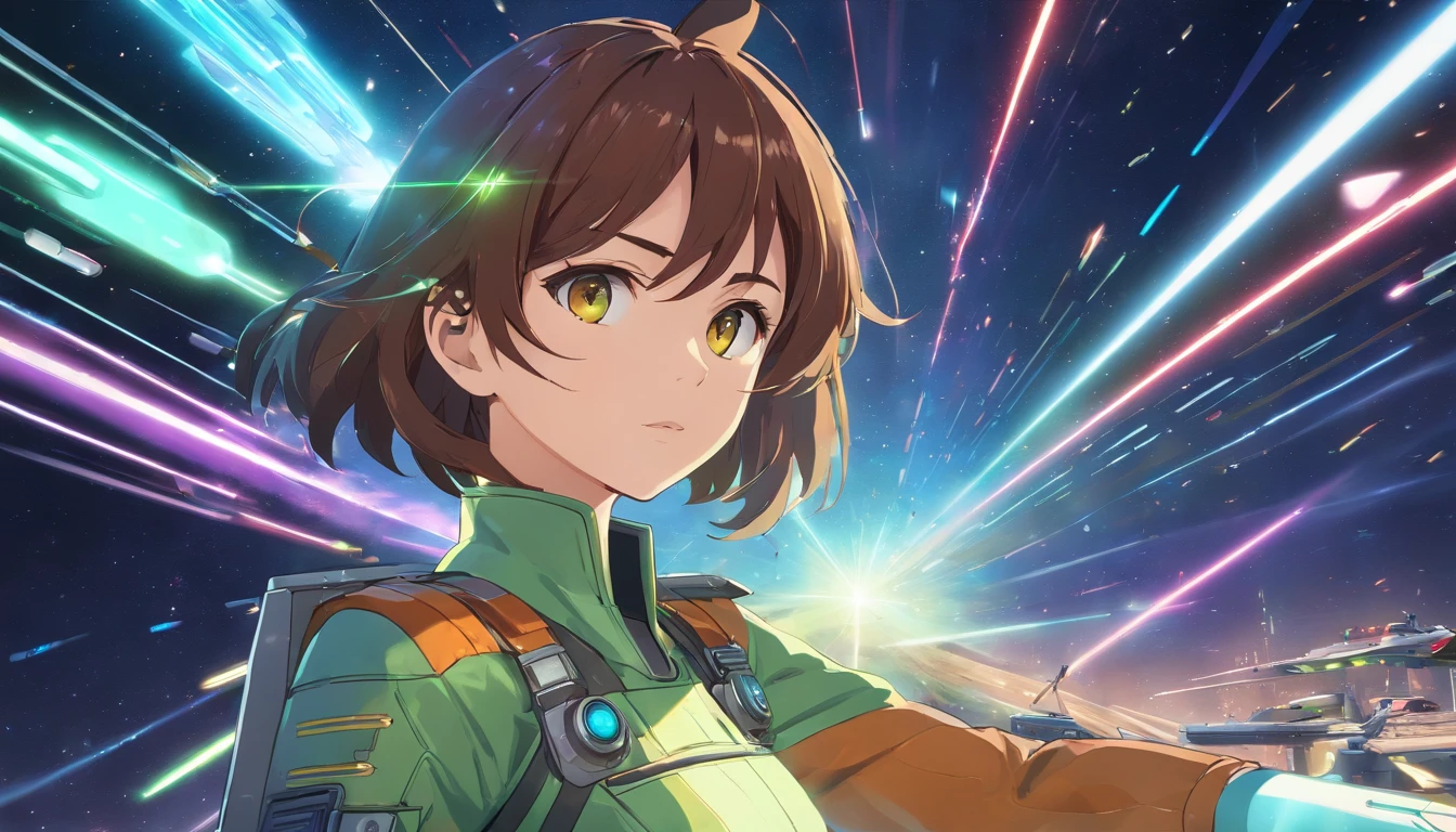 Sci-fi image, intricately detailed photograph of a starfighter pilot, ((glowy eyes)), ((laser shots in the space)) advanced technology, holographic glow, light particles, x-wing, hyperdetailed skin, defiant gaze shot on dslr camera, shot by MSchiffer, 32k resolution, best quality