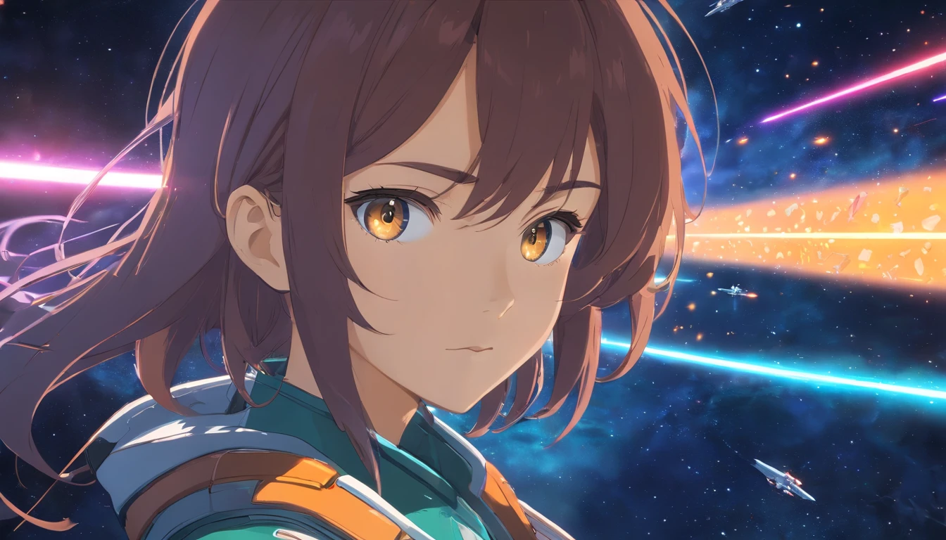 Sci-fi image, intricately detailed photograph of a starfighter pilot, ((glowy eyes)), ((laser shots in the space)) advanced technology, holographic glow, light particles, x-wing, hyperdetailed skin, defiant gaze shot on dslr camera, shot by MSchiffer, 32k resolution, best quality