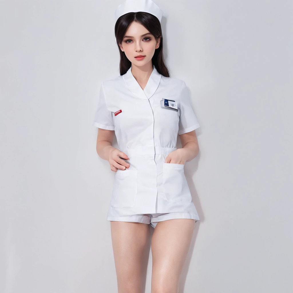 Girl in Nurse Costume Outfit, 。.。.brunette color hair,short black hair、life-like、pantie shot、spread legs wide