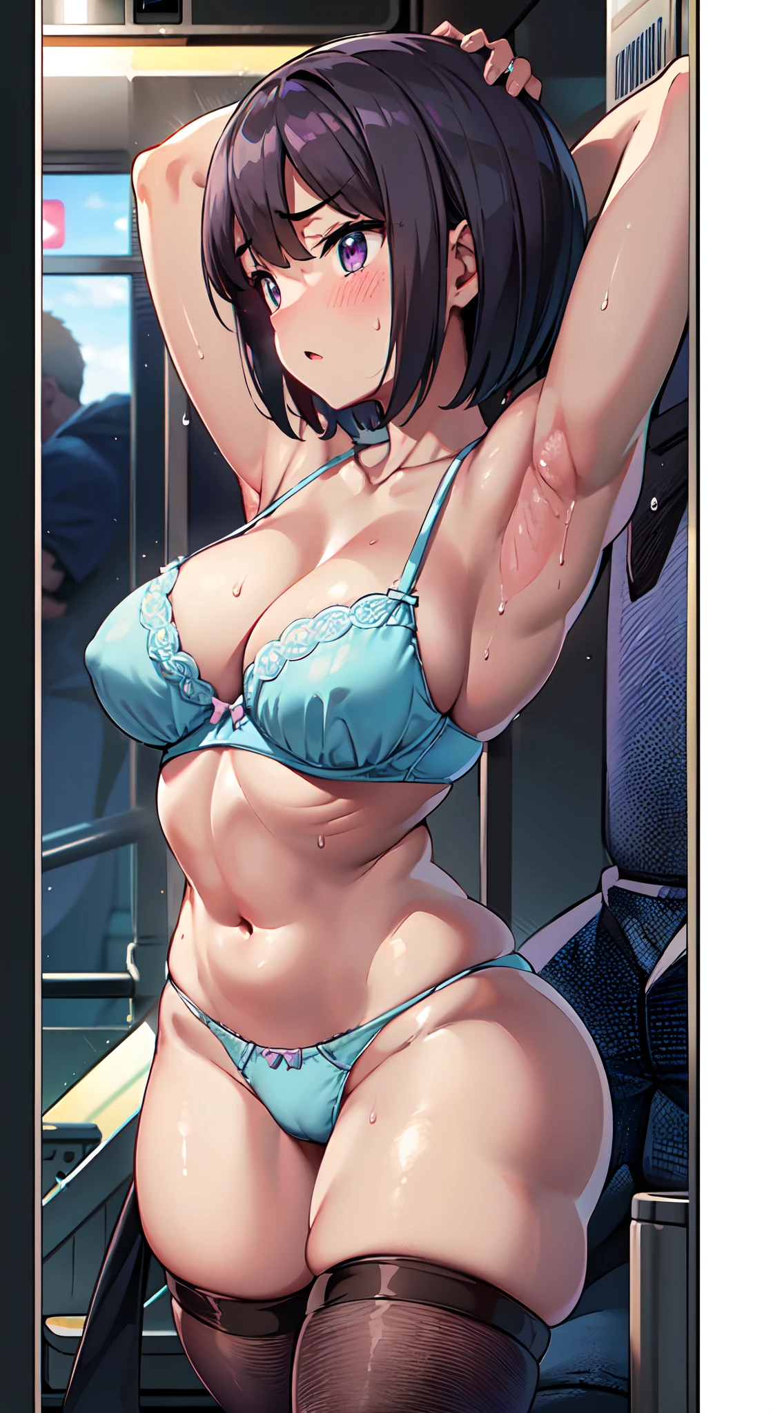 (Perfect body),Best Quality,(8K Portrait),(anime screen cap)、(((((Upset)))))、embarrassed from、(((blush))),(Sweat),((((large udder))))、((((Big ass))))、(Dark hair),((short-cut))、(Purple eyes),(((thick thighs)))、(fullnude)、(((Light blue panty)))、(((Light Blue Bra)))、knee sox、adult  woman、Cowboy Shot、(((Arms in front of the body)))、on the beds、Standing、((((front-facing view))))、(((On the train)))